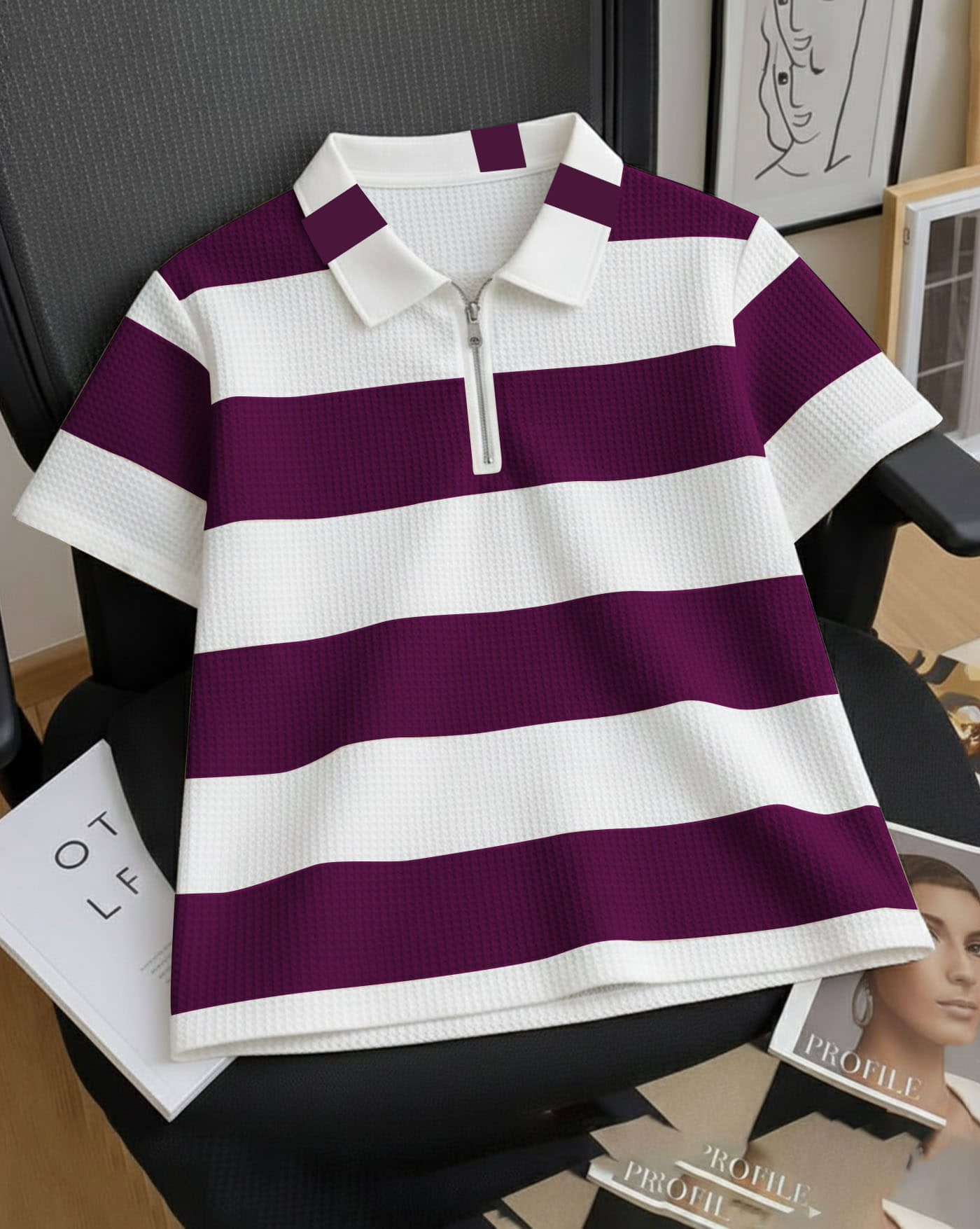 AOOSH Men Cotton Blend Regular Fit Striped Polo T Shirt ( Purple )