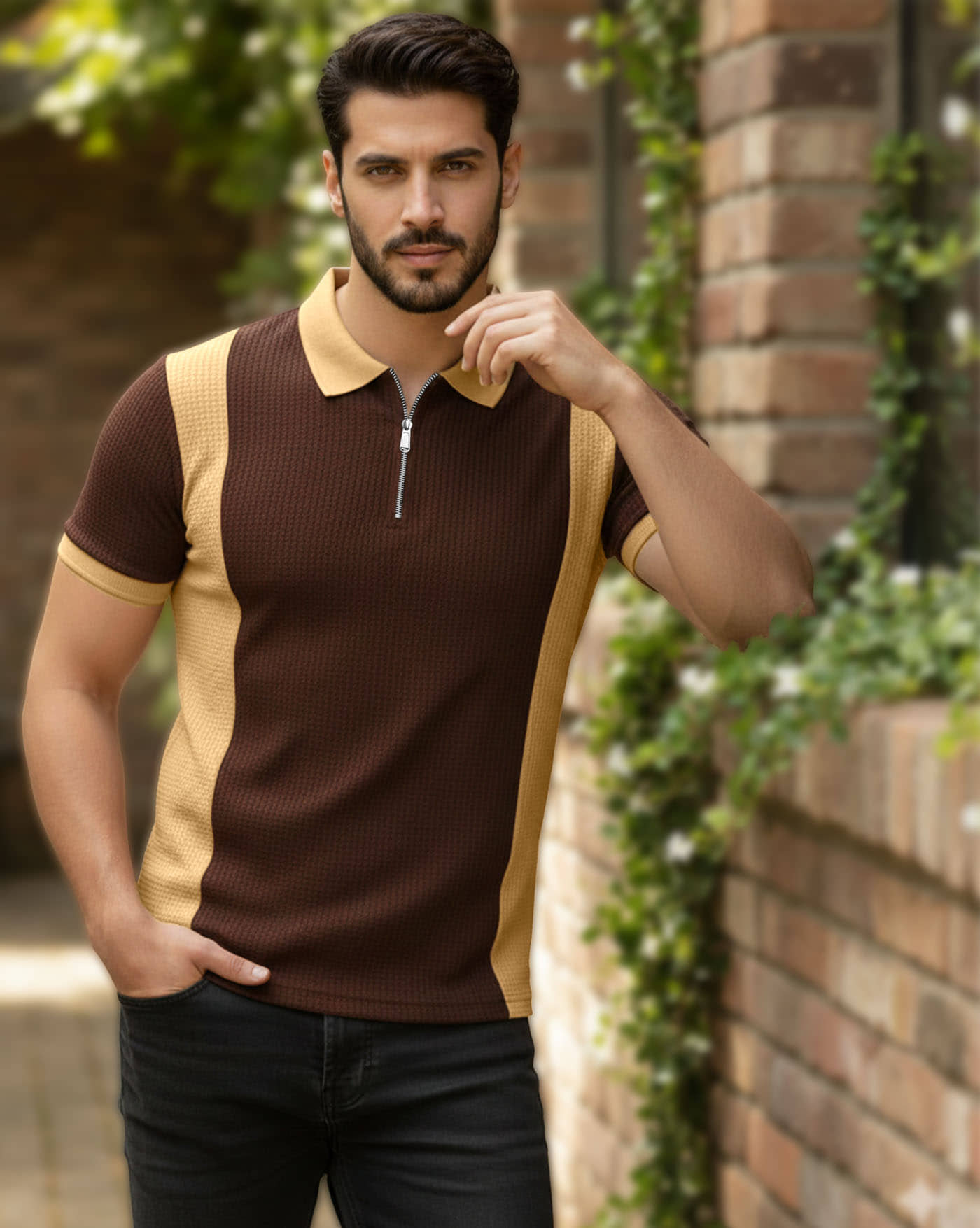 AOOSH Men Cotton Blend Regular Fit Self Design Polo T Shirt ( Coffee )