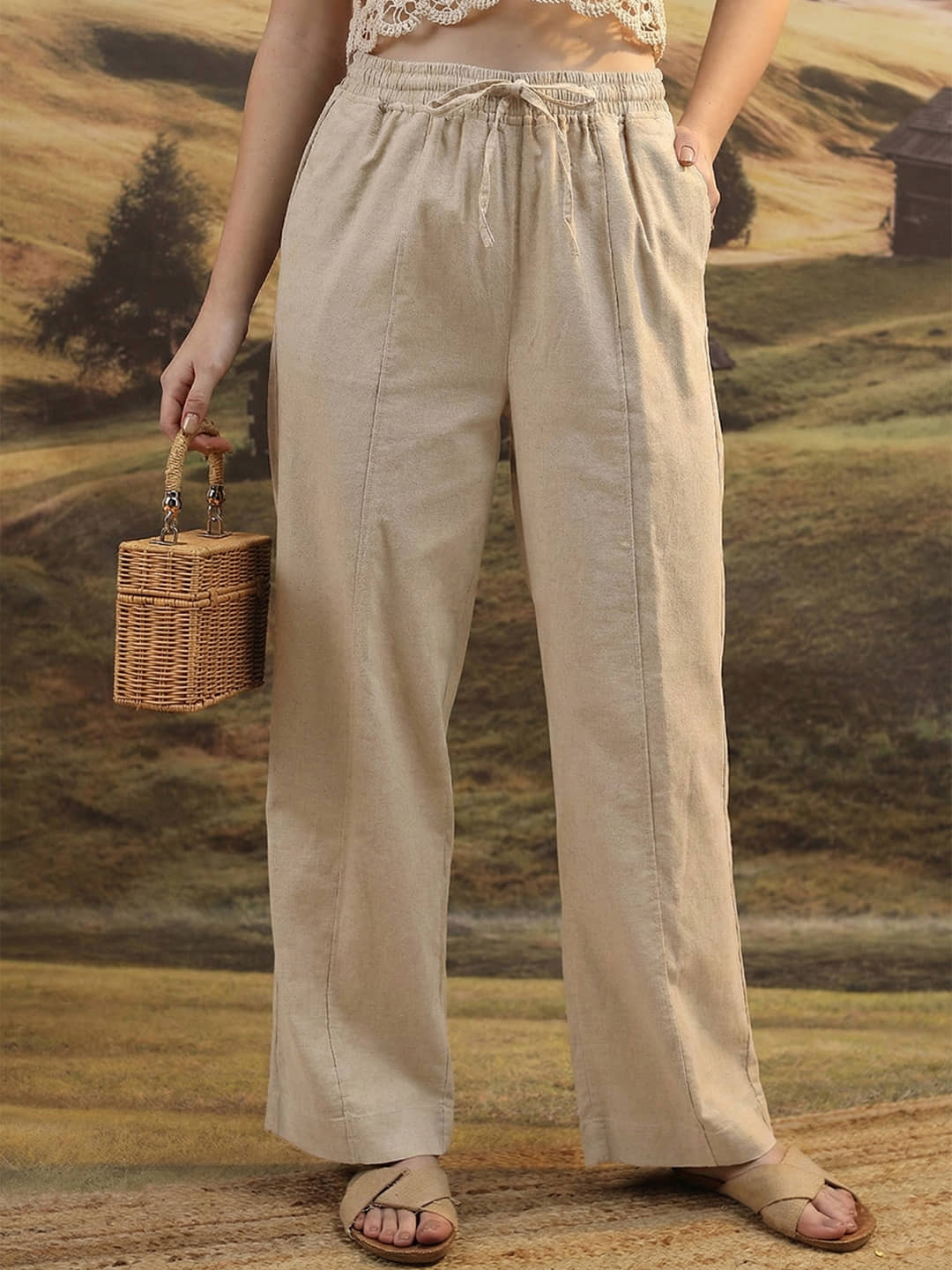 DE TRENDZ Women Cotton Wide Leg Trousers ( Beige ) - Trousers | Buy online on ZillyBuy