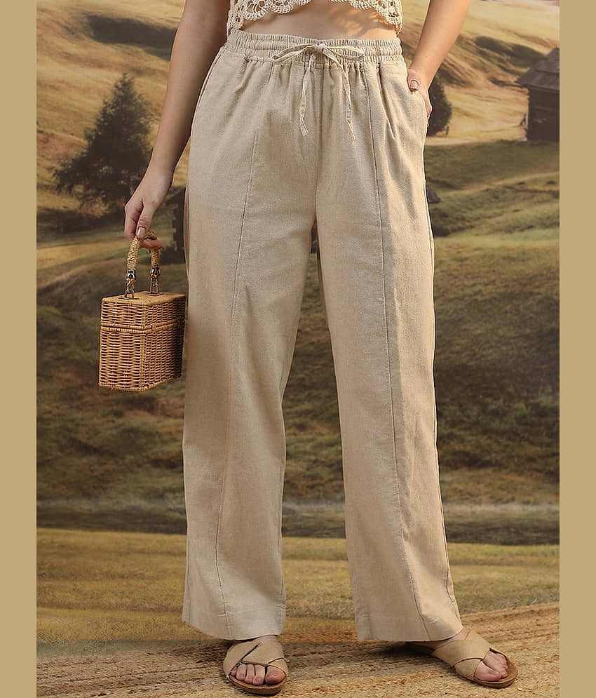 DE TRENDZ Women Cotton Wide Leg Trousers ( Beige ) - Trousers | Buy online on ZillyBuy