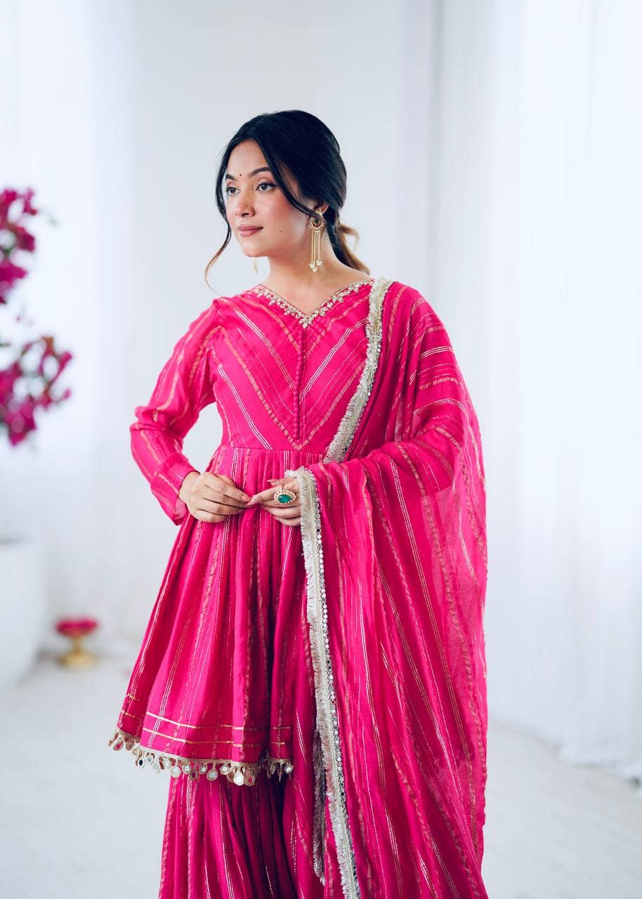 VYOM EMPORIO Women Chanderi Striped Ethnic Motifs Kurti With Sharara And Gharara ( Pink )