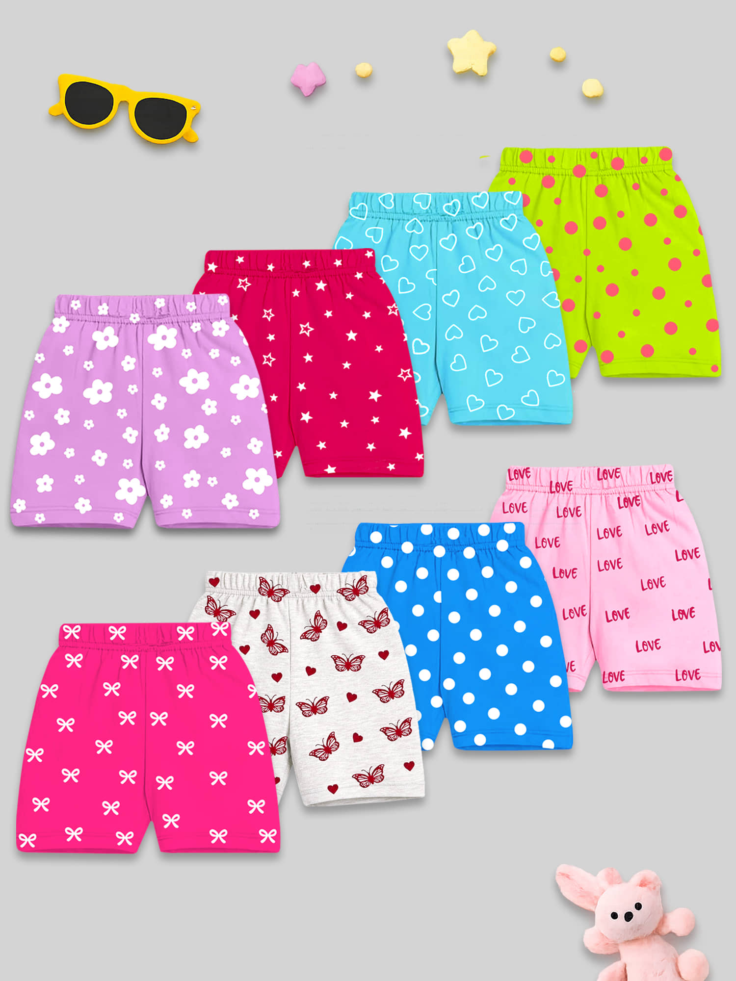 Kuchipoo Pack of 8 Girls Cotton Blend Shorts ( Multicolor 1 ) - Shorts | Buy online on ZillyBuy