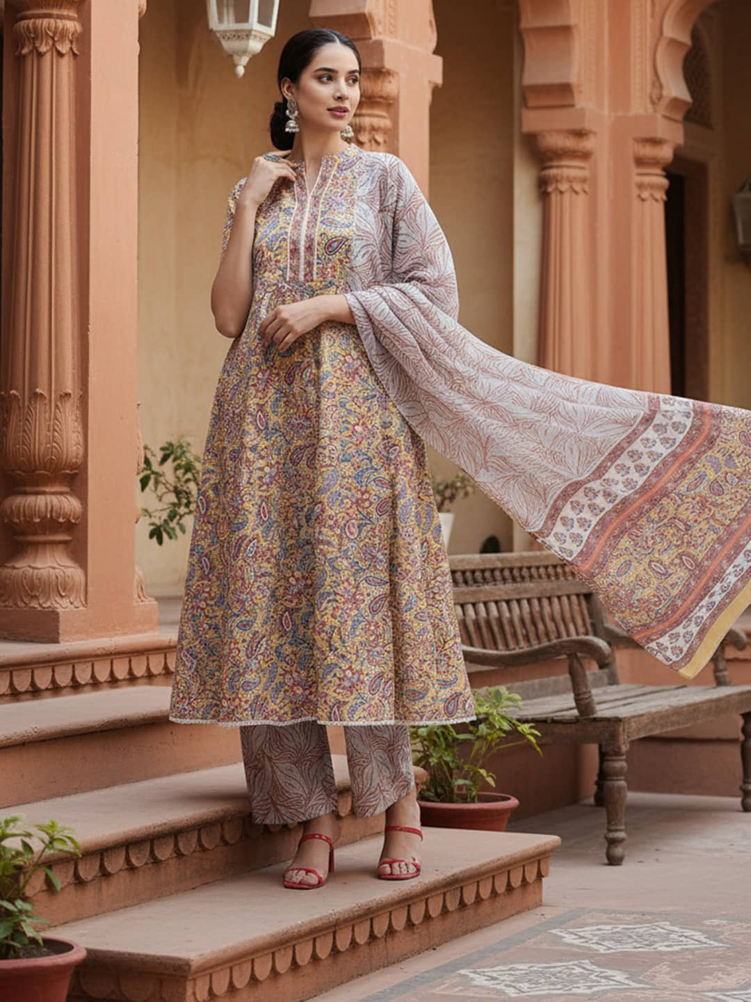 Vaamsi Women Cotton Printed Anarkali Kurti With Palazzo ( Yellow )