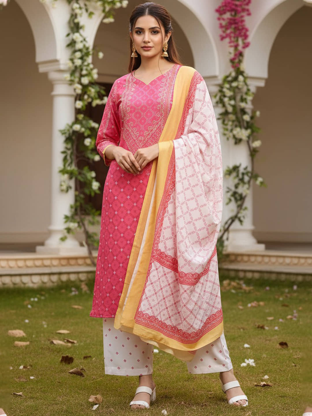 Vaamsi Women Polyester Printed Straight Kurti With Palazzo ( Pink )