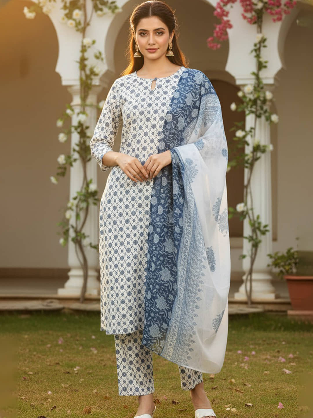 Vaamsi Women Polyester Printed Straight Kurti With Pants ( White )