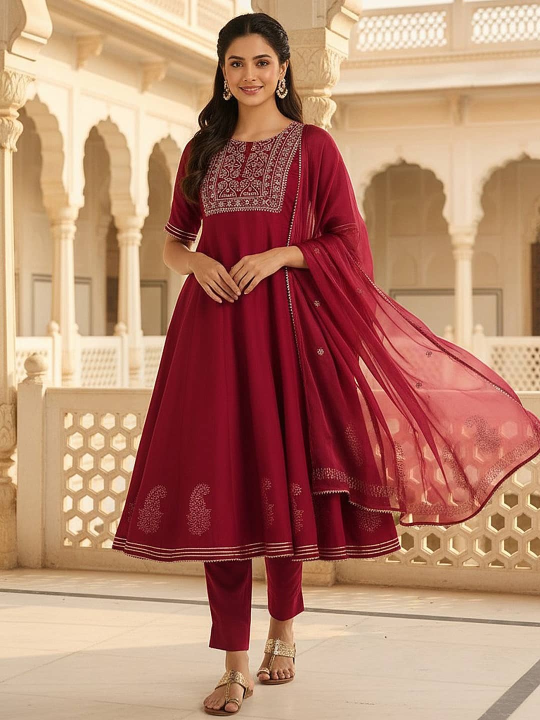 Vaamsi Women Silk Blend Embroidered Anarkali Kurti With Pants ( Burgundy )