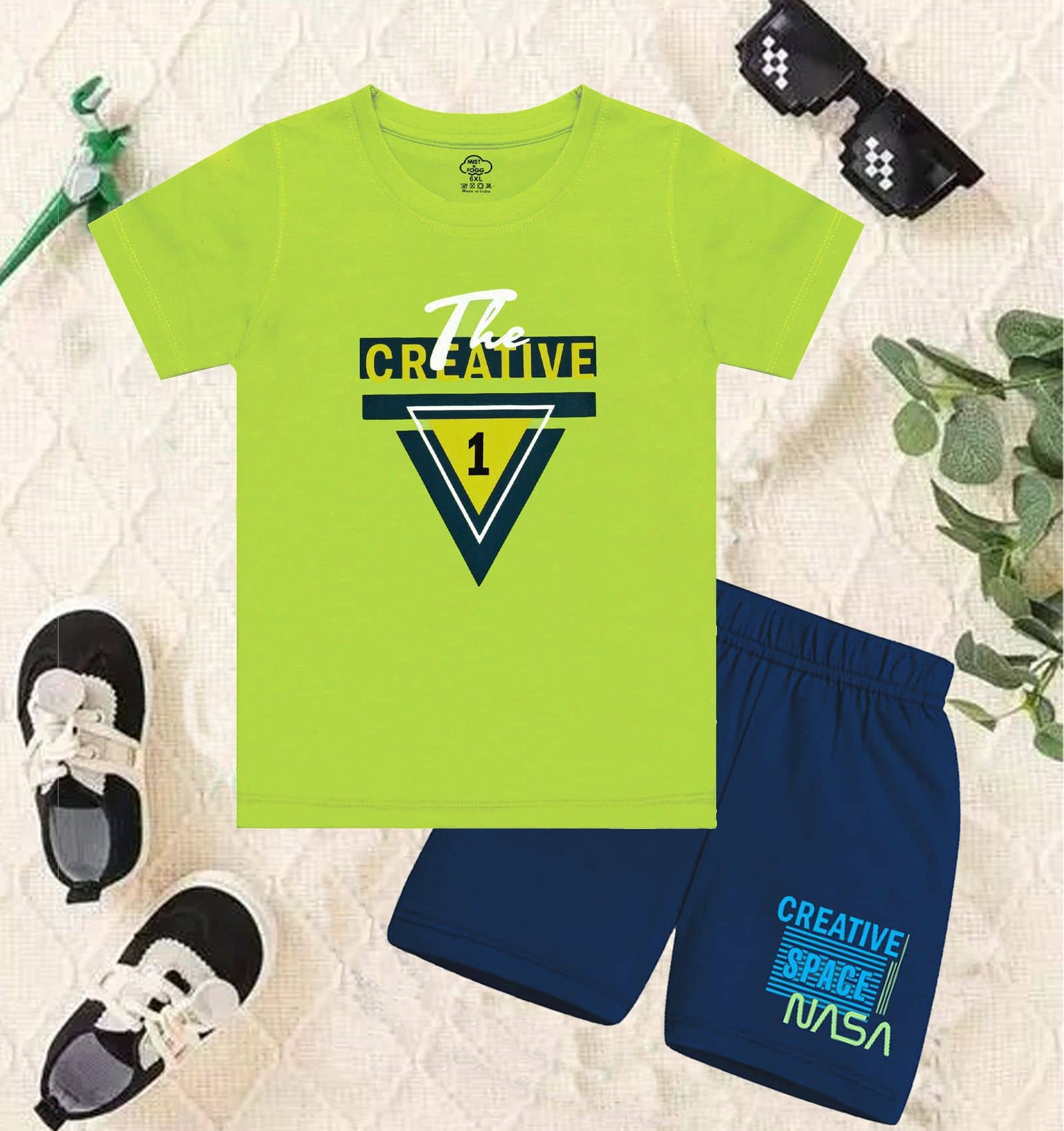MIST N FOGG Pack of 1 Unisex Cotton Blend T-Shirt & Shorts Set ( Green )