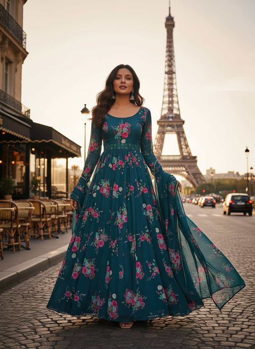 Femvy Women Crepe Printed Anarkali Kurti with Dupatta ( Blue ) - Kurtis, Tunics | Buy online on ZillyBuy