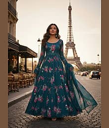 Femvy Women Crepe Printed Anarkali Kurti with Dupatta ( Blue )