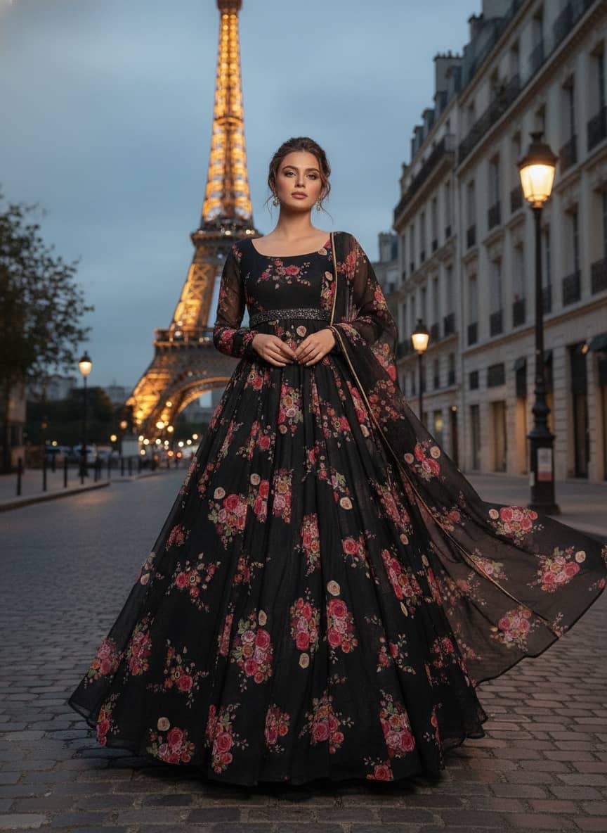 Femvy Women Crepe Printed Anarkali Kurti with Dupatta ( Black ) - Kurtis, Tunics | Buy online on ZillyBuy