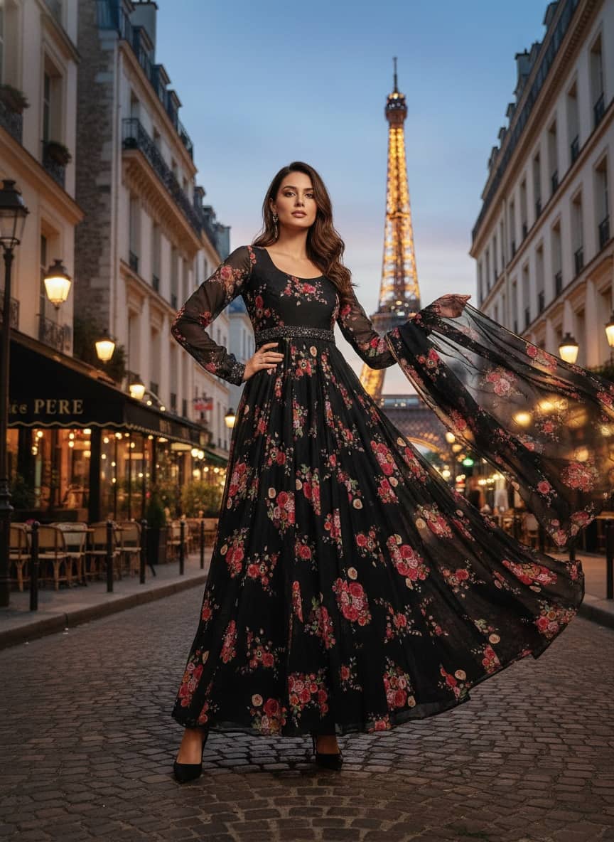 Krunal Raiyani Women Crepe Printed Anarkali Kurti with Dupatta ( Black ) - Kurtis, Tunics | Buy online on ZillyBuy