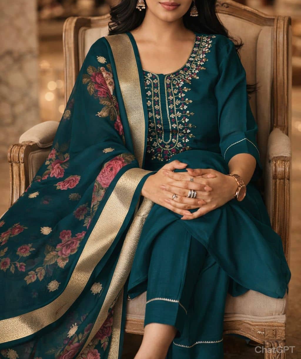Radhe Enterprise Women Rayon Embroidered Straight Kurti With Pants ( Teal )