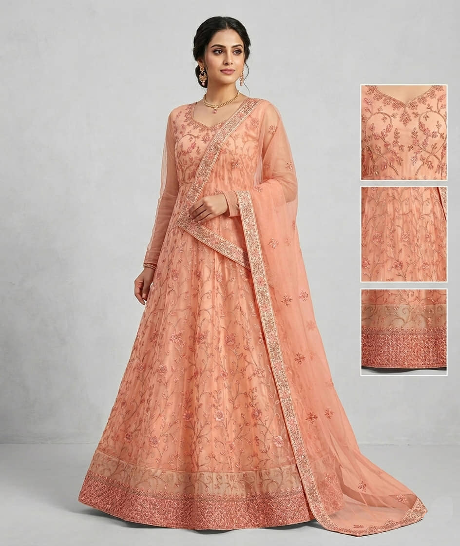 Apnisha Women's Net Semi Stitched Flared Ethnic Gown With Dupatta - Unstitched Fabrics | Buy online on ZillyBuy