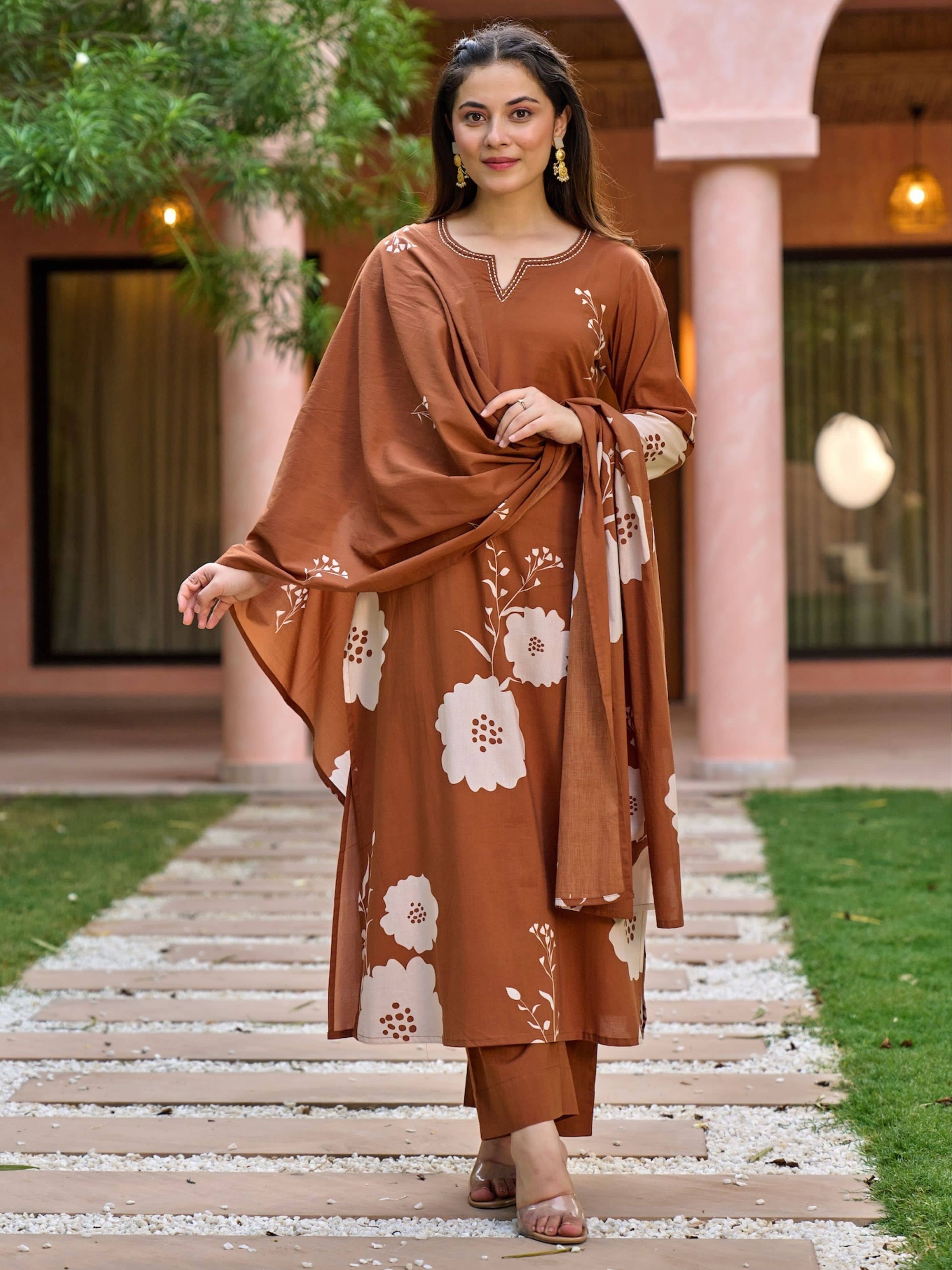 Eeloo Women Silk Embroidered Straight Kurti With Pants ( Brown )