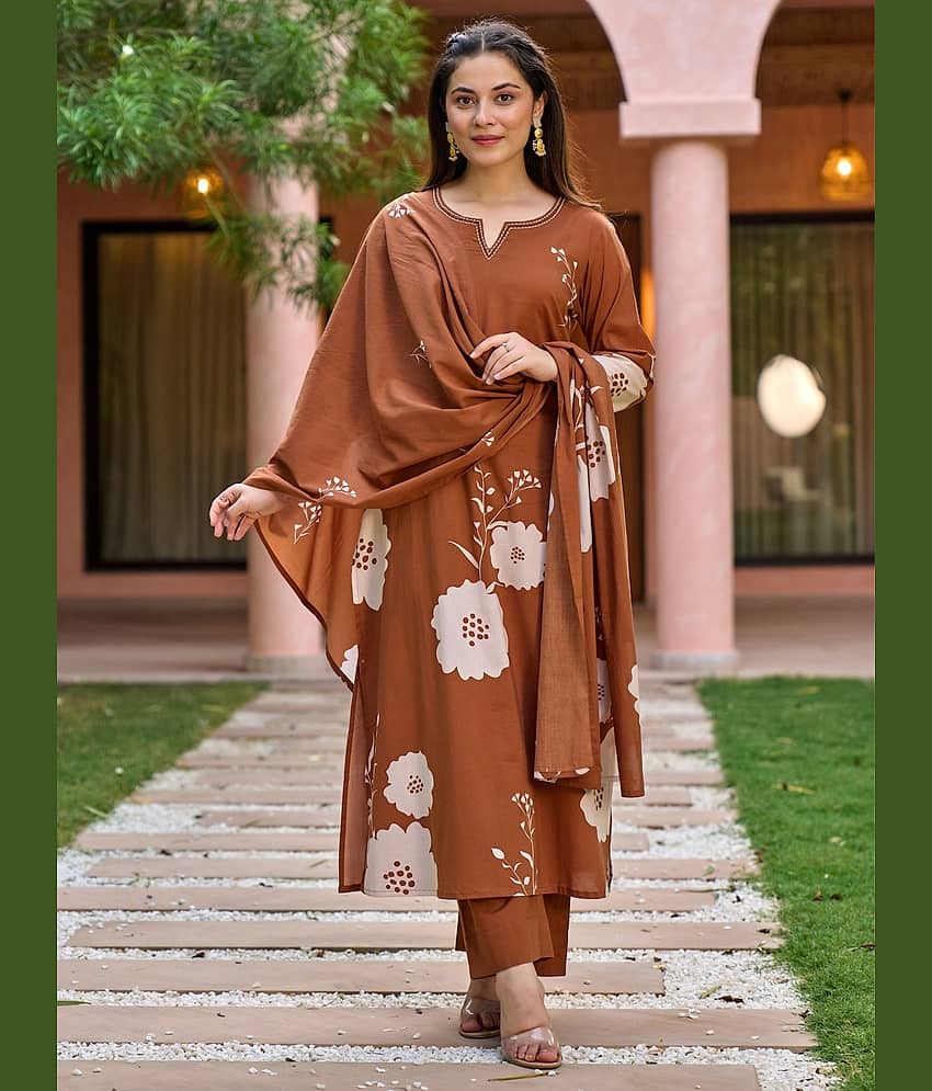 Eeloo Women Silk Embroidered Straight Kurti With Pants ( Brown )