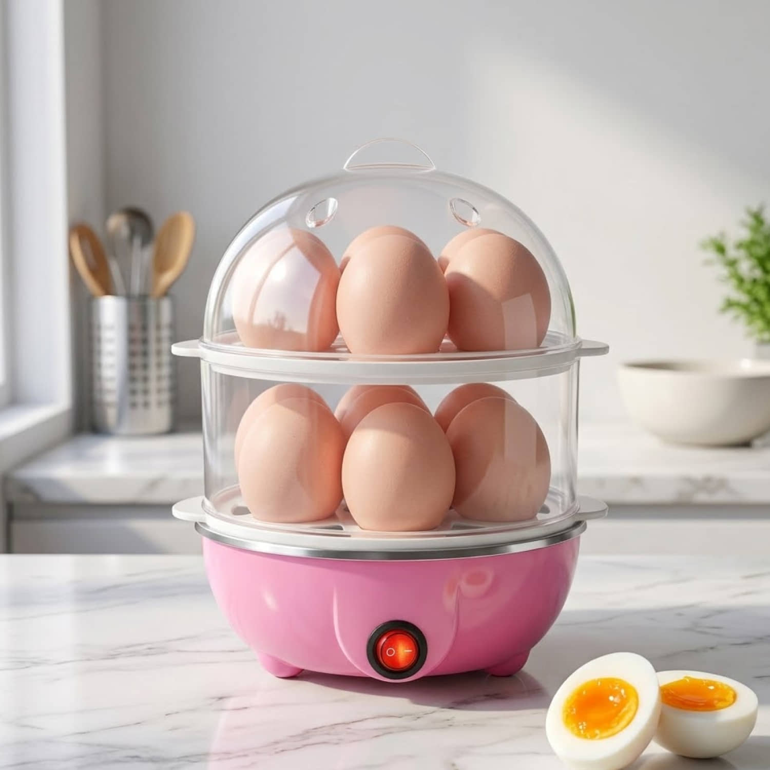 Electric Egg Boiler, Pink and White, Automatic Shut-Off, 14 Egg Capacity, Plastic and Steel Construction, 10-Minute Cooking Time