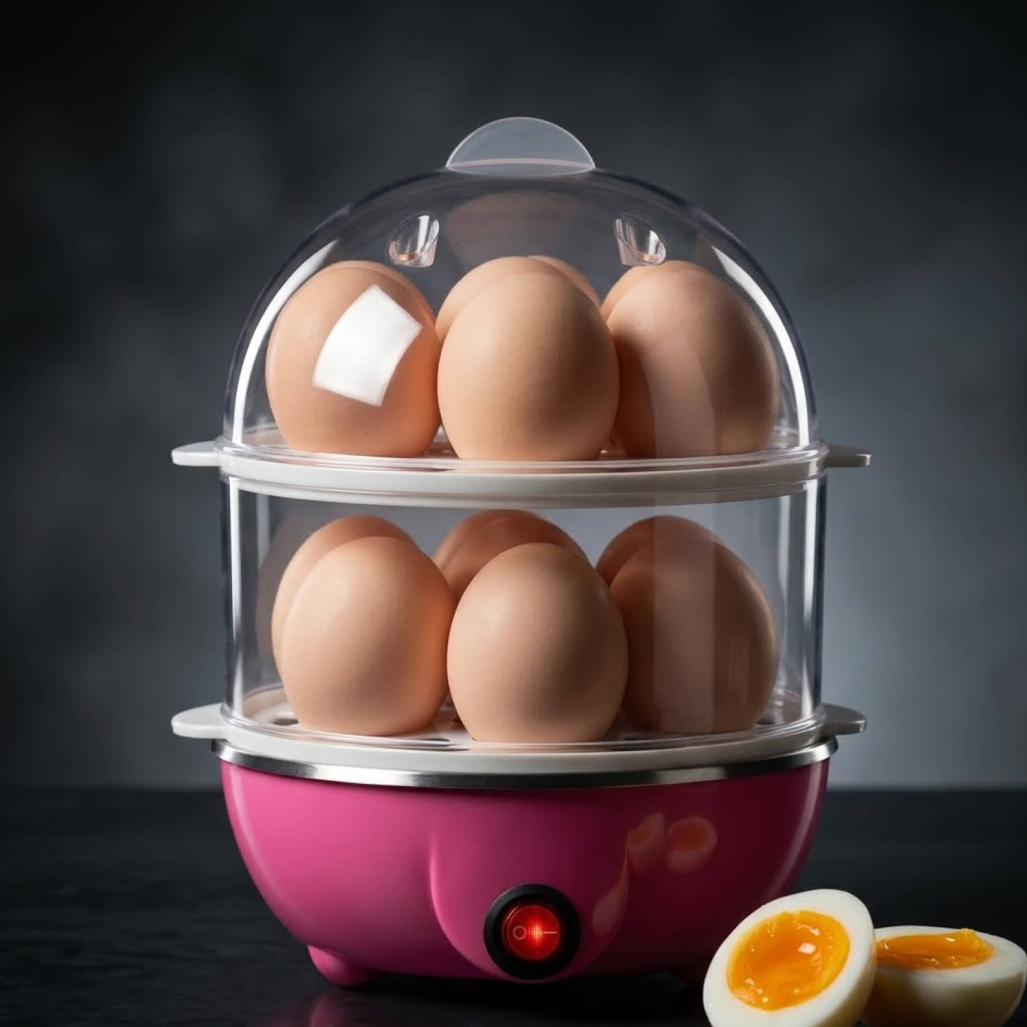Electric Egg Boiler, Pink and White, Automatic Shut-Off, 14 Egg Capacity, Plastic and Steel Construction, 10-Minute Cooking Time