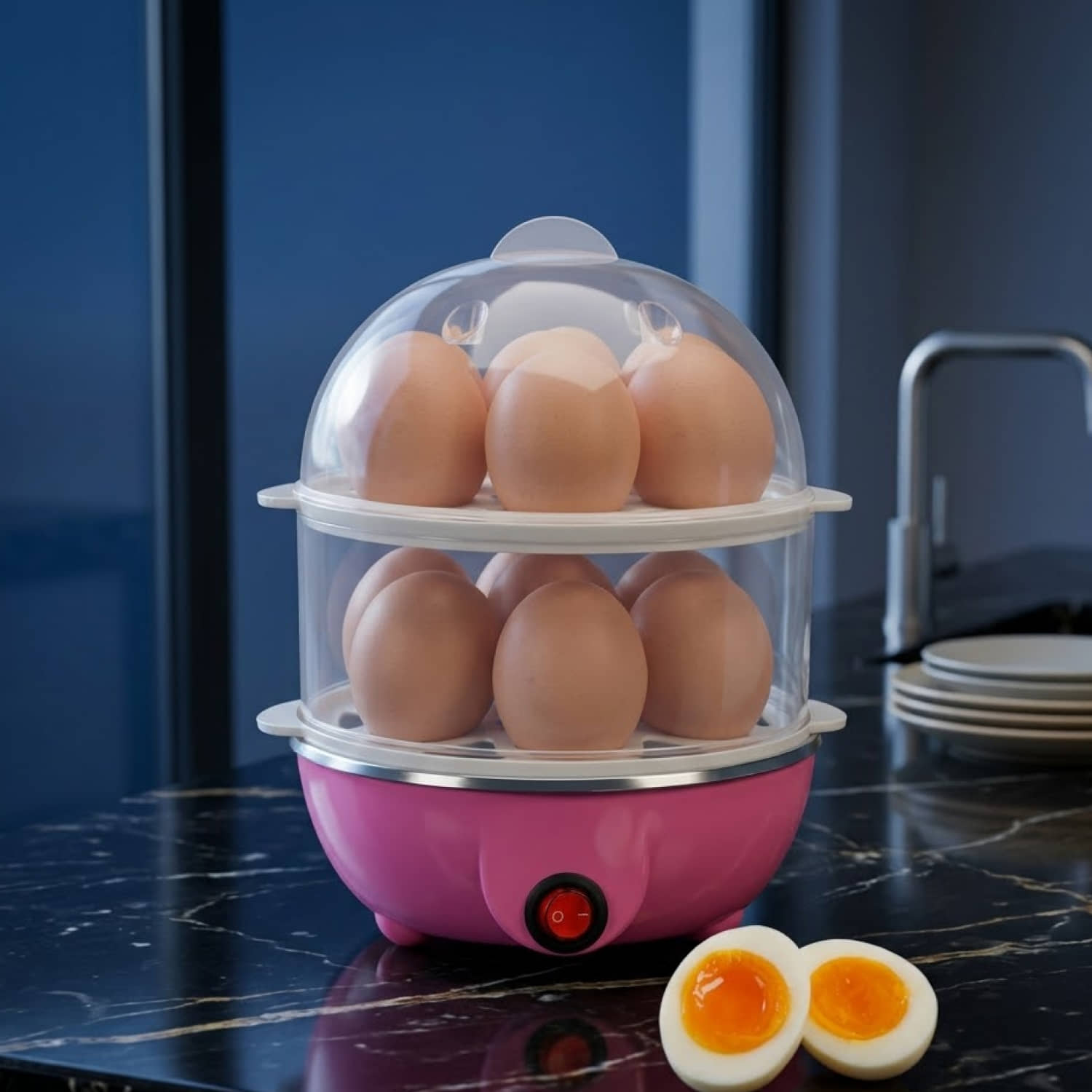 Electric Egg Boiler, Pink and White, Automatic Shut-Off, 14 Egg Capacity, Plastic and Steel Construction, 10-Minute Cooking Time