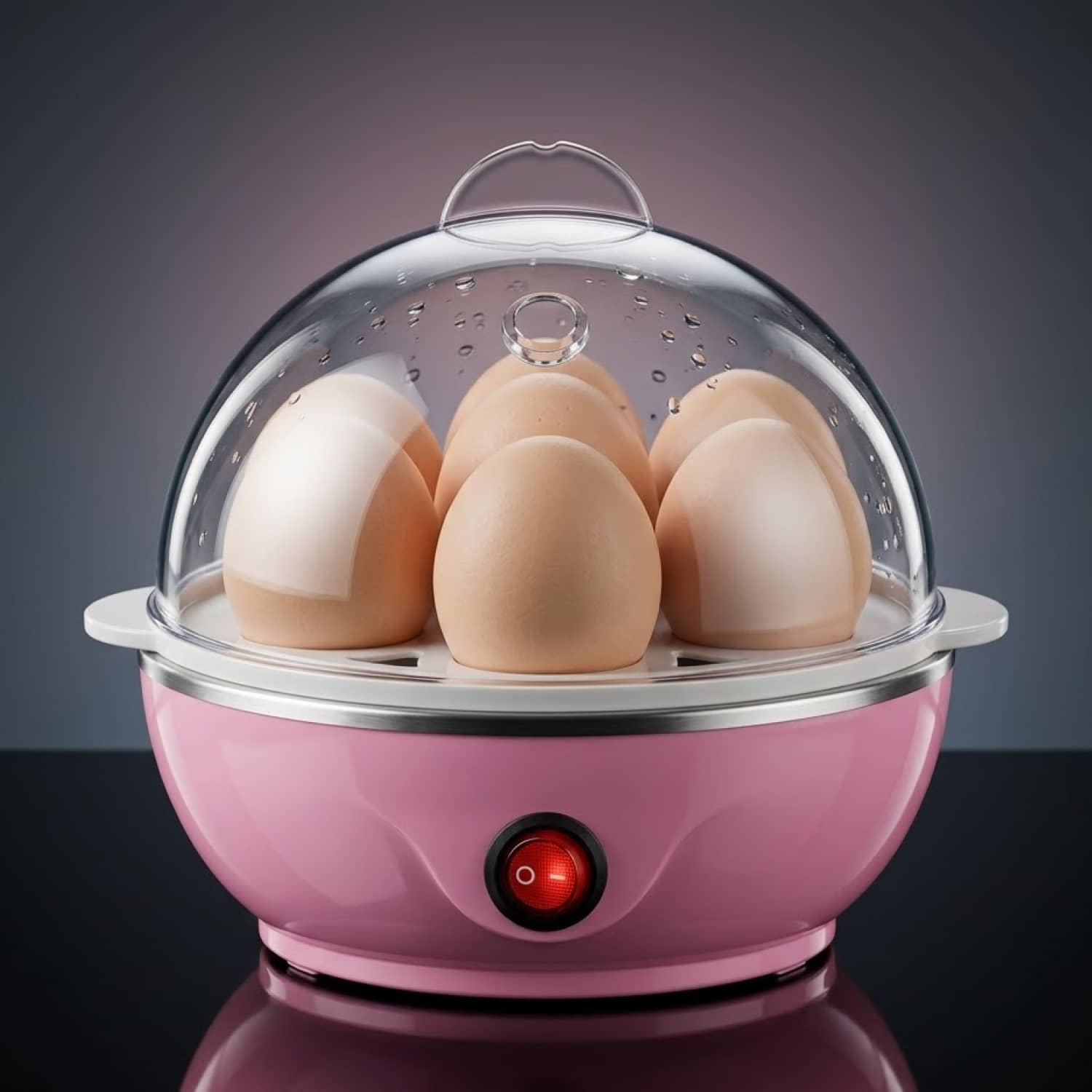 Electric Egg Boiler, Pink and White, Automatic Shut-Off, 7 Egg Capacity, Plastic and Steel Construction, 10-Minute Cooking Time