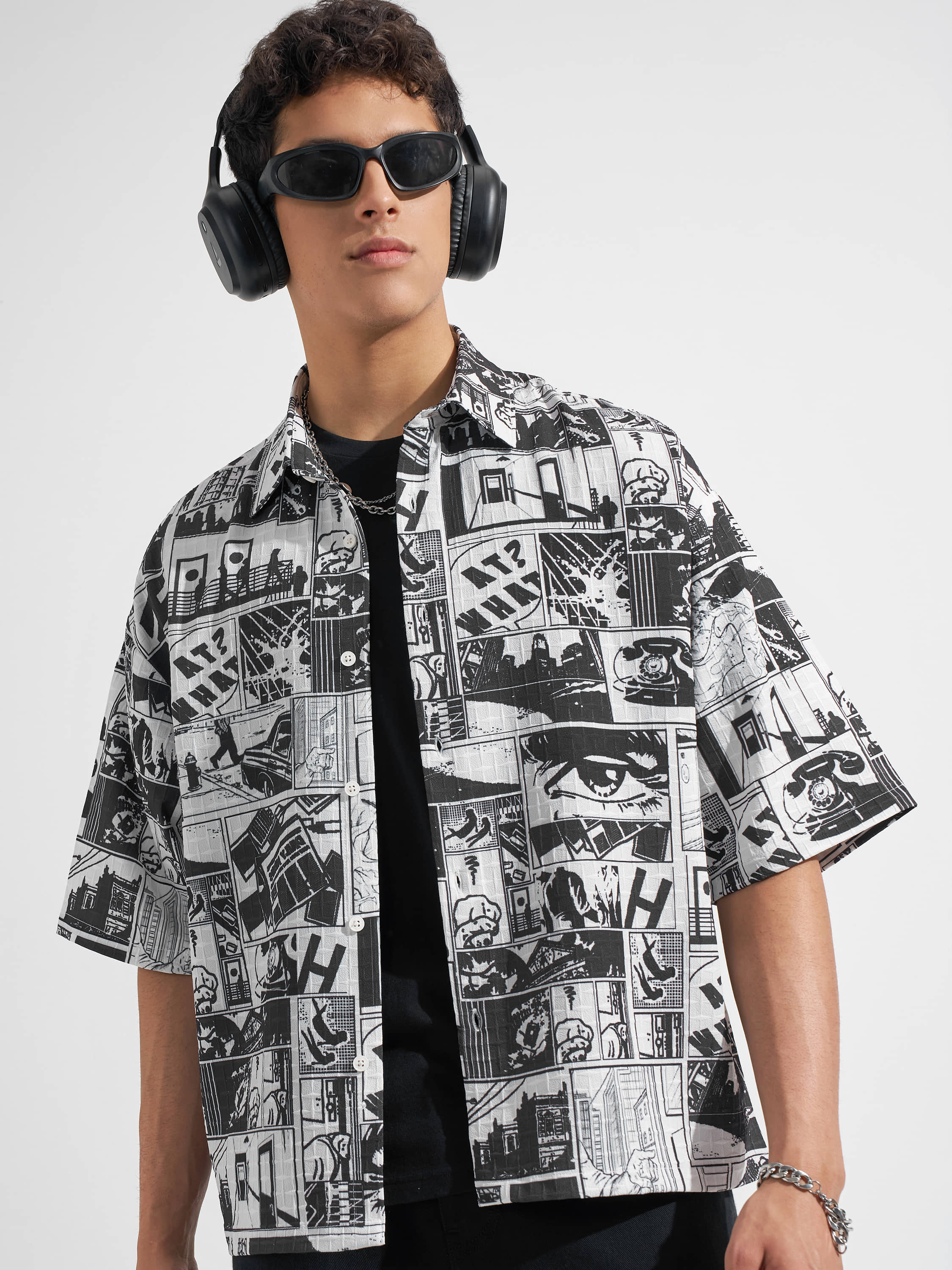 Highlander Poly Cotton Boxy Printed Half Sleeves Men's Casual Shirt - Black ( Pack of 1 )