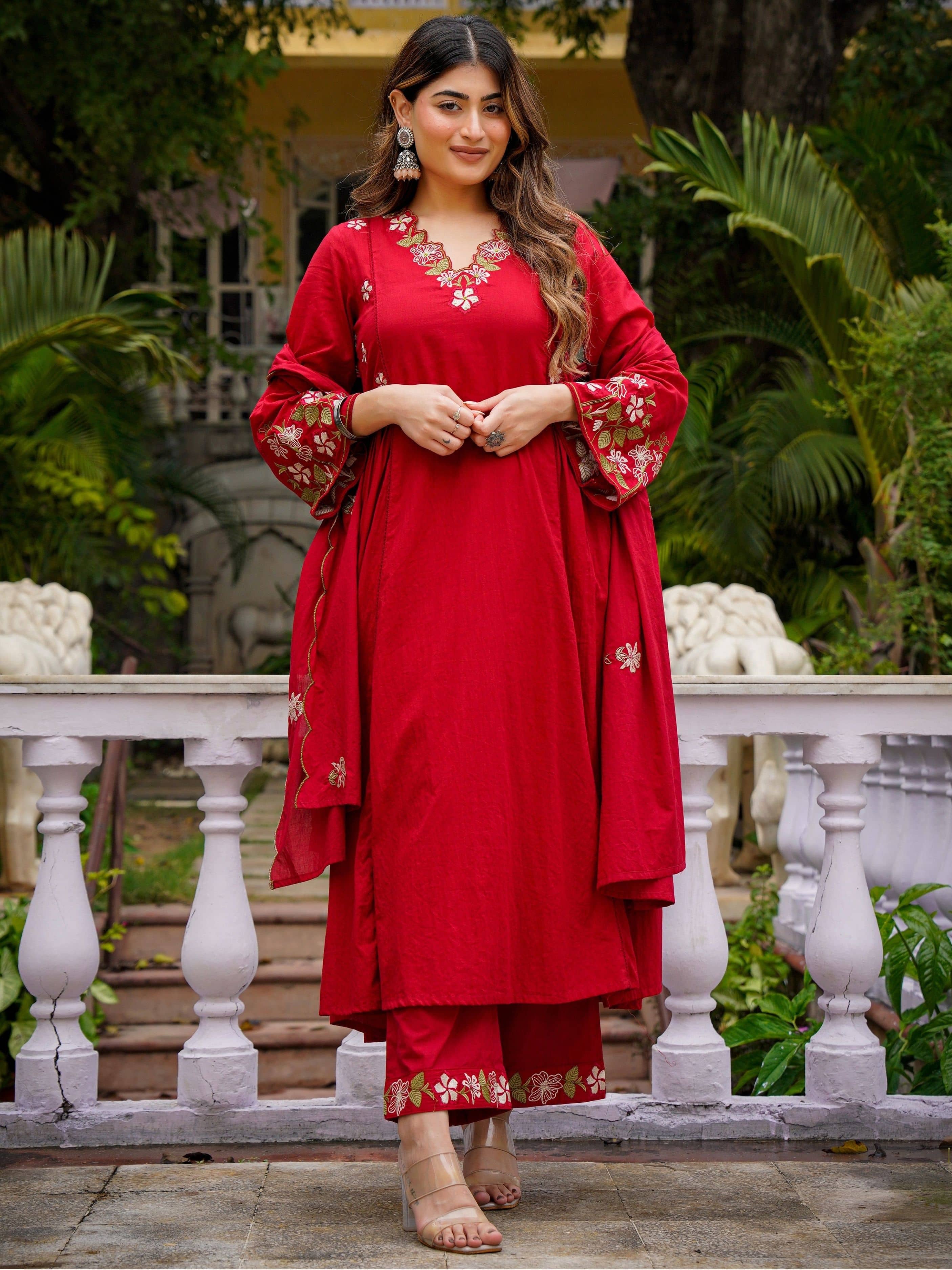 Niza Fashion Women Chanderi Silk Embroidered Straight Kurti With Pants ( Red )