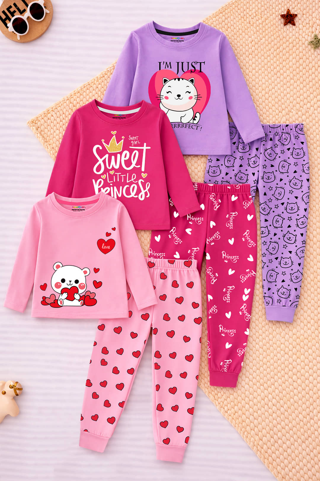 Trampoline Pack of 3 Girls Cotton Blend T-shirt & Pyjama Set ( Multicolor )