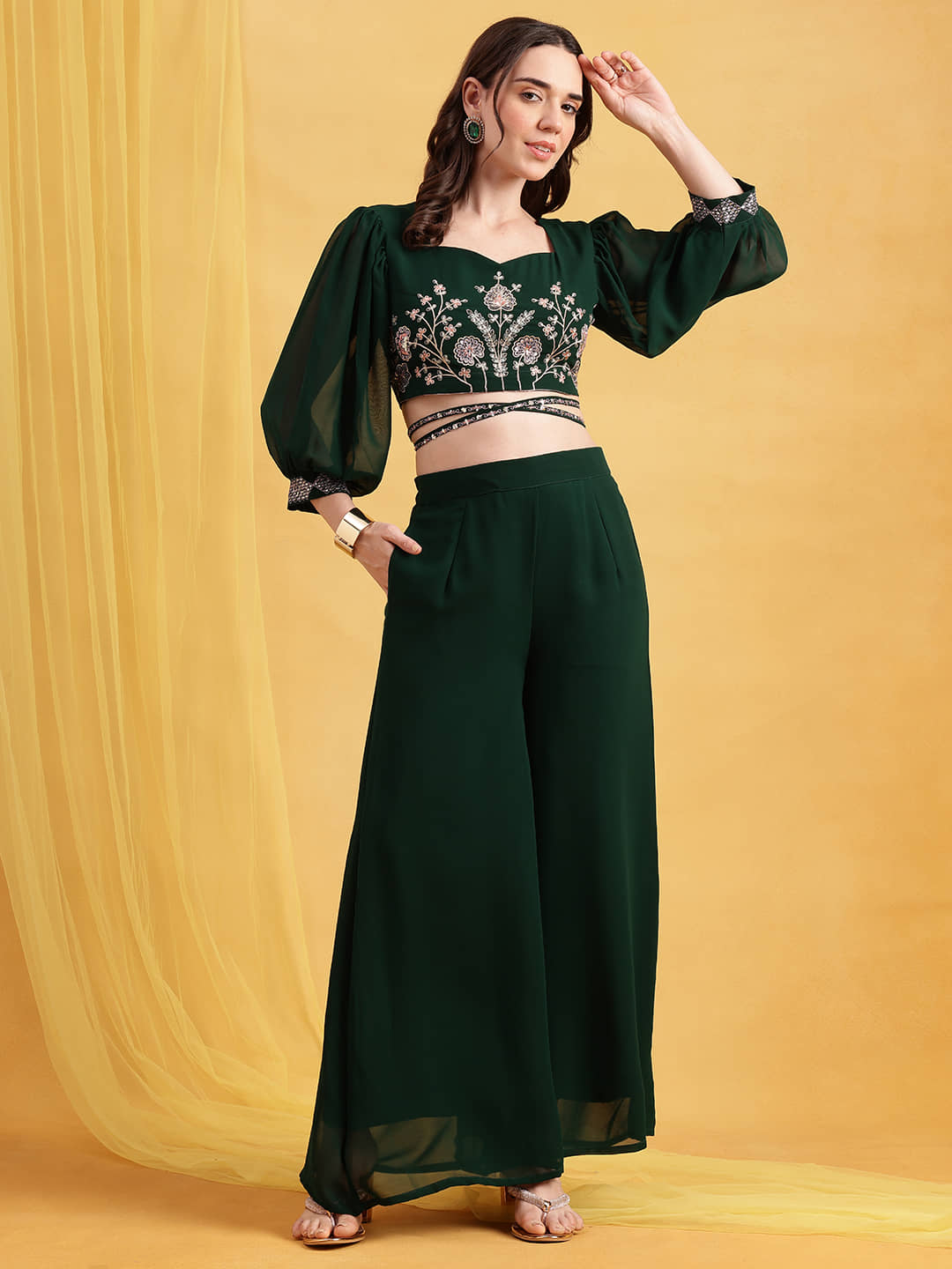 Vbuyz Women Embroidered Top With Palazzos Co-Ord Set ( Green )