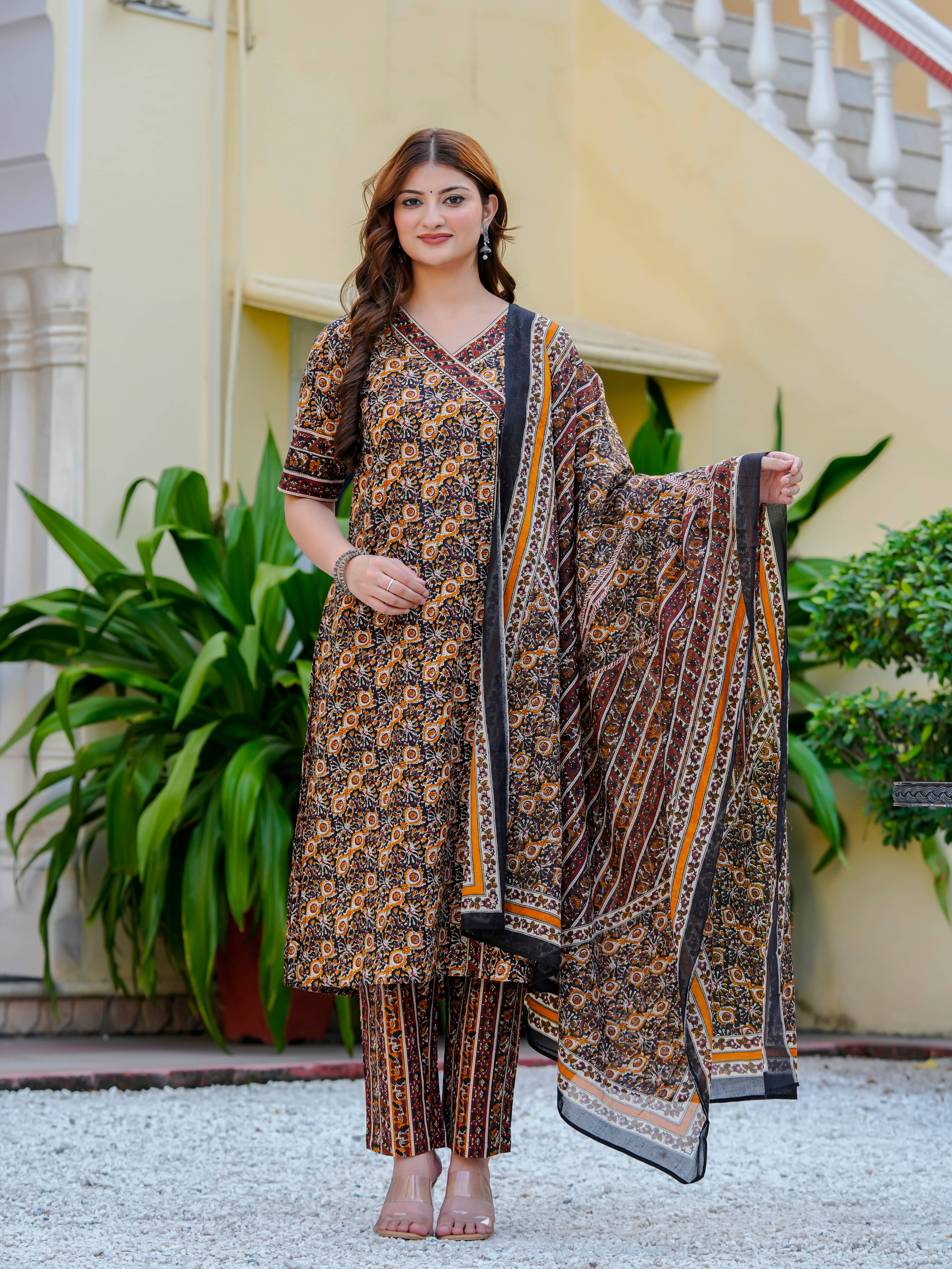 Yash Gallery Women Cotton Printed Straight Kurti With Pants ( Mustard )