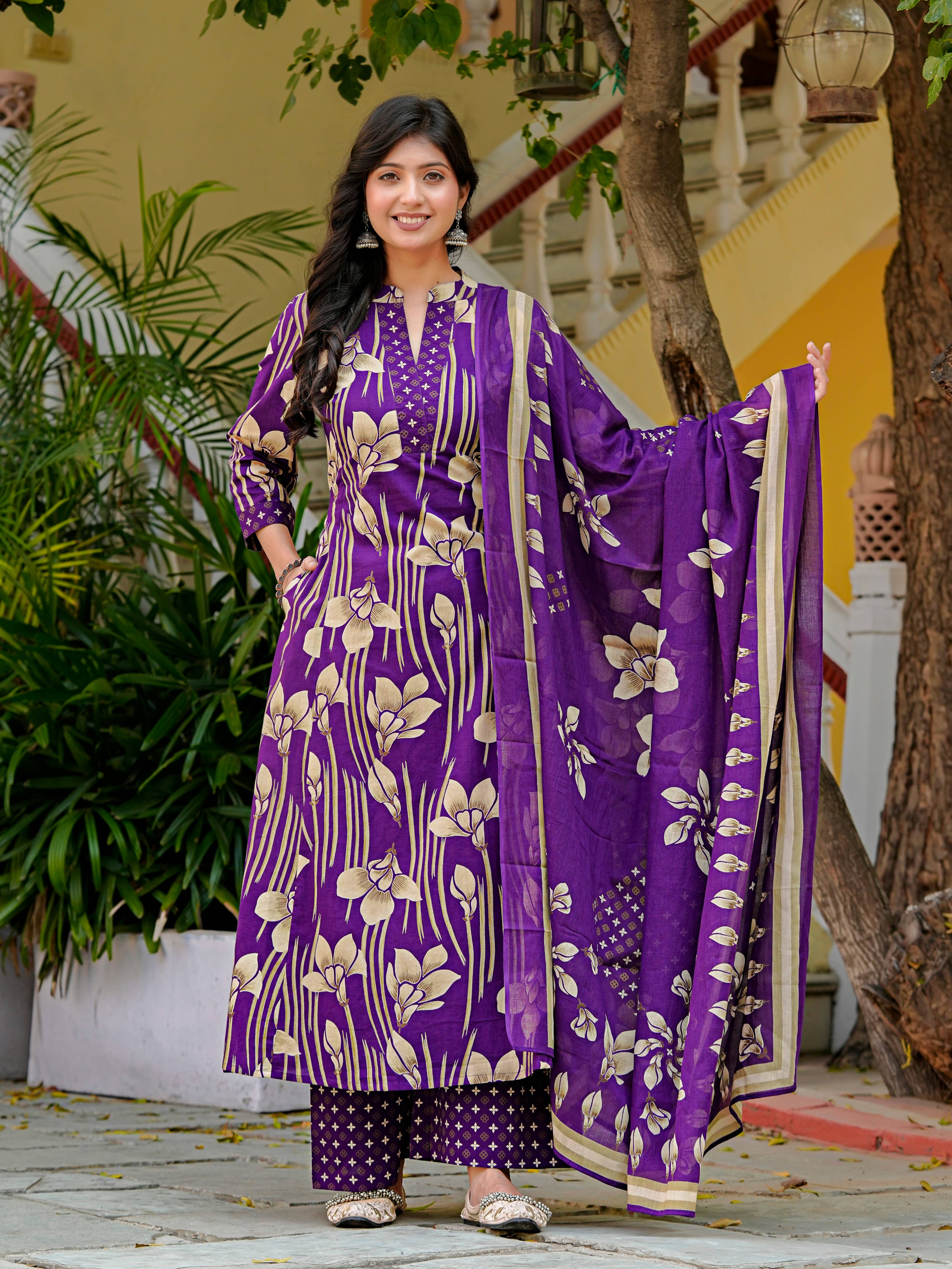 Yash Gallery Women Cotton Printed A-line Kurti With Palazzo ( Purple )