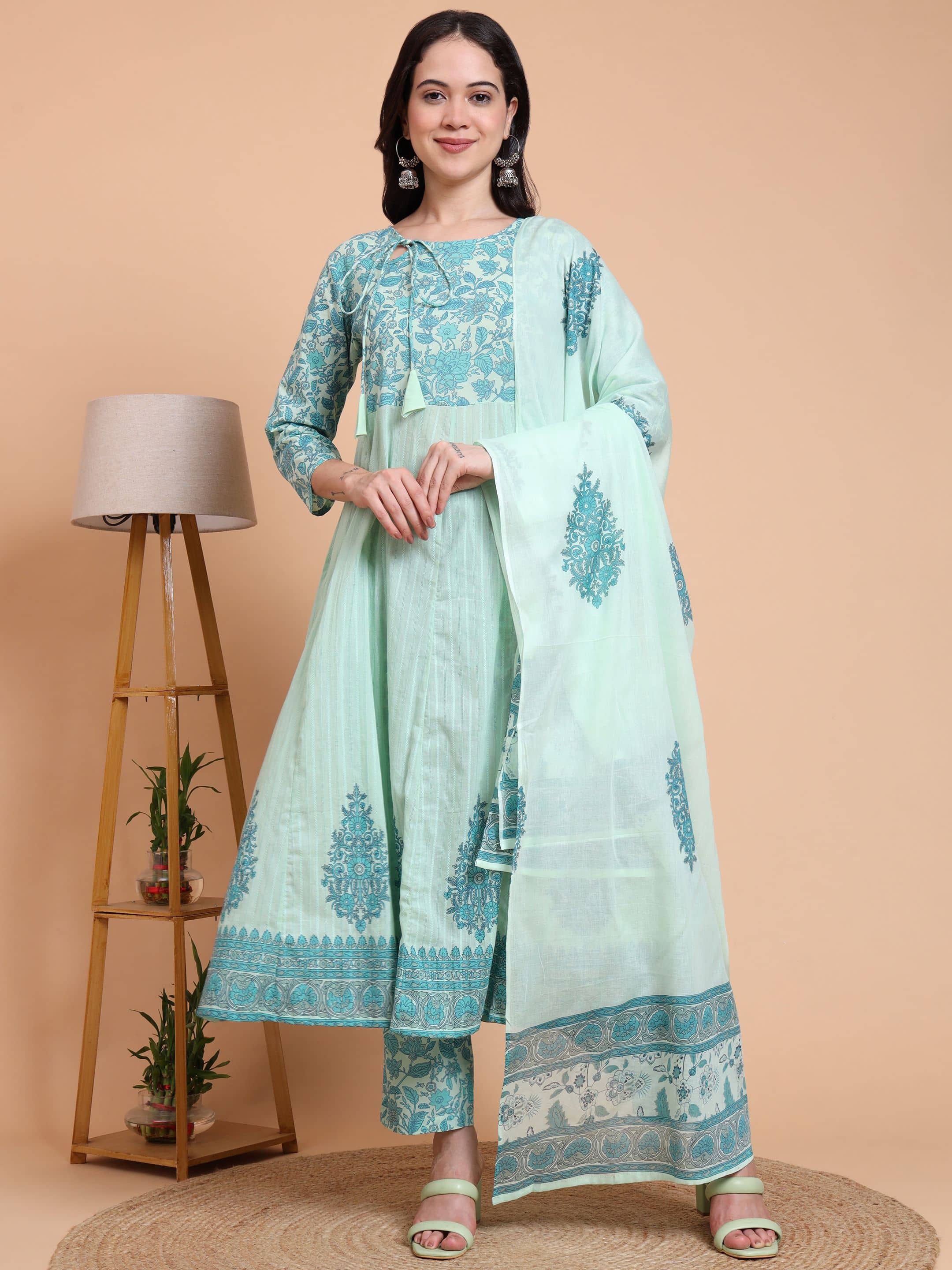 Yash Gallery Women Cotton Printed Anarkali Kurti With Pants ( Green )
