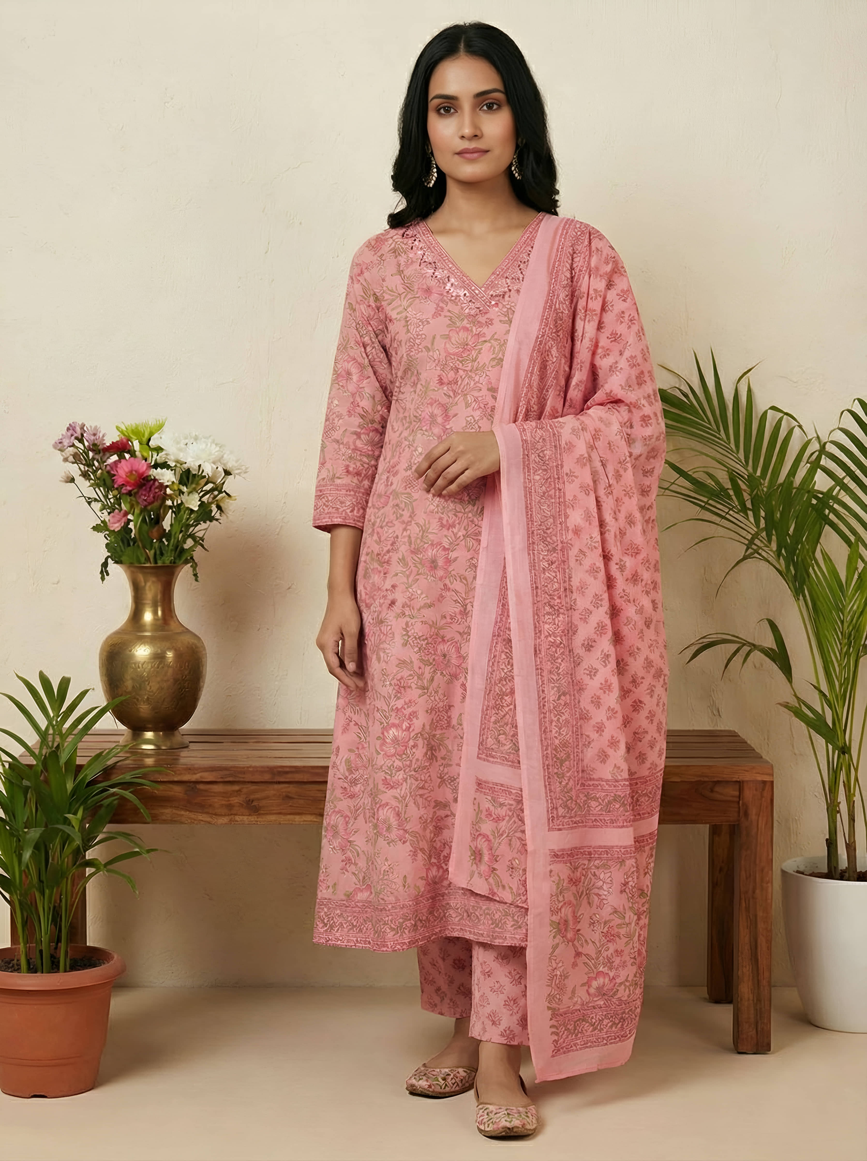 Yash Gallery Women Cotton Printed Straight Kurti With Pants ( Pink )