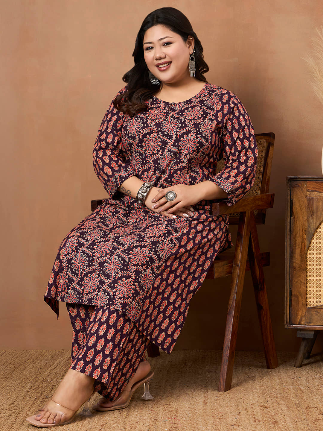 Tissu Women Cotton Printed Straight Kurti With Palazzo ( Purple )