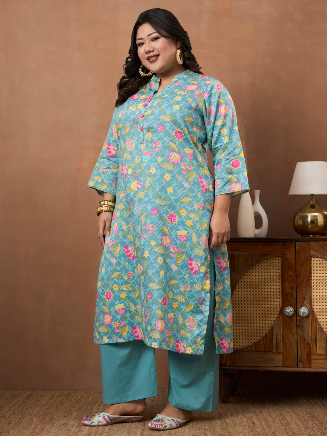 Tissu Women Cotton Printed Straight Kurti With Palazzo ( Sea Green )