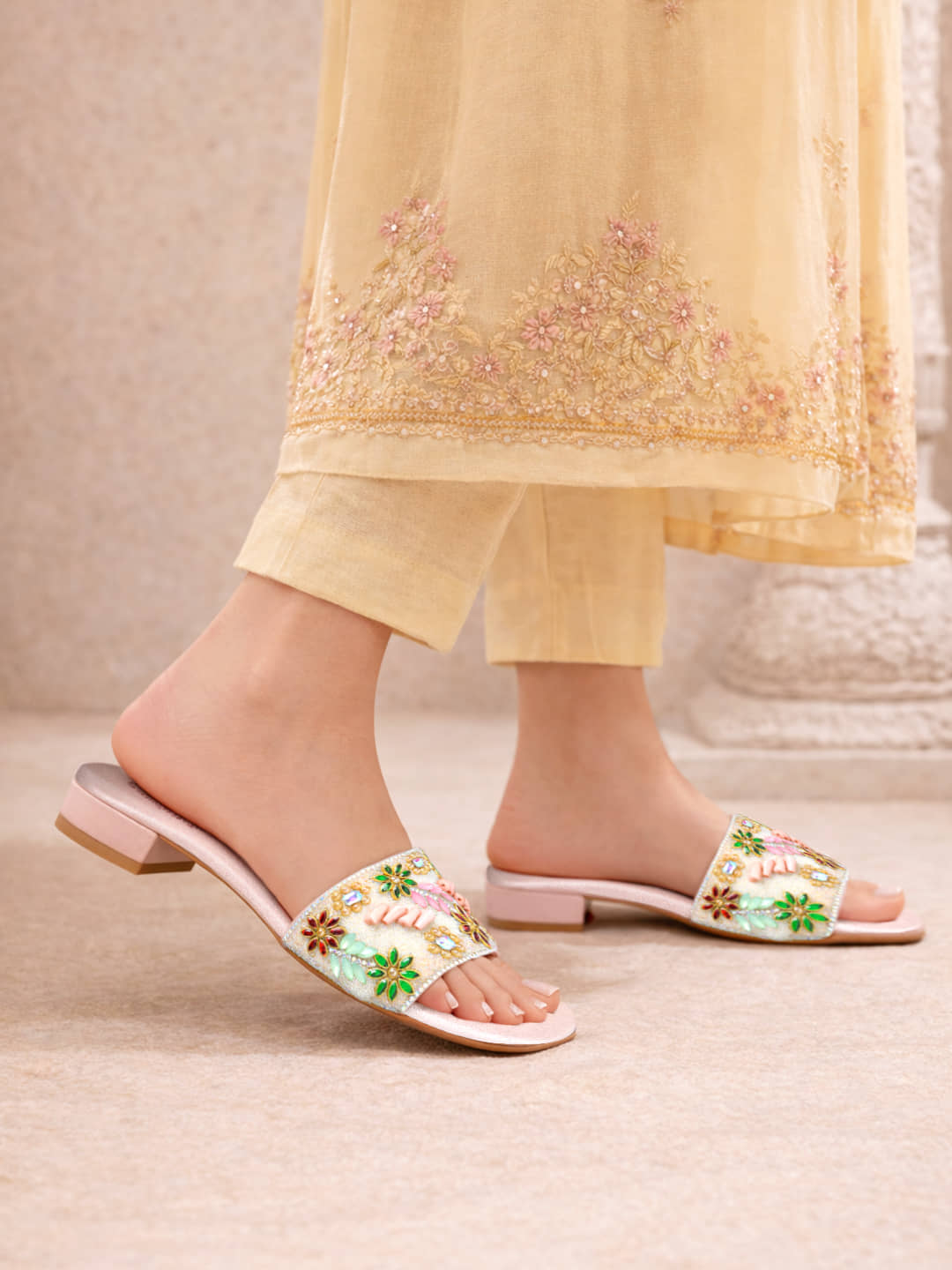 Stylestry Rose Gold Women's Open Toe Flats