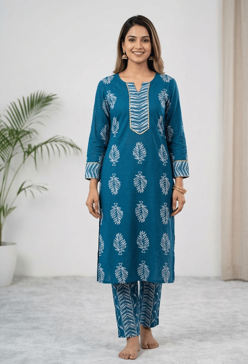 YAGNIK FASHION Women Cotton Printed Straight Kurti With Pants ( Blue )