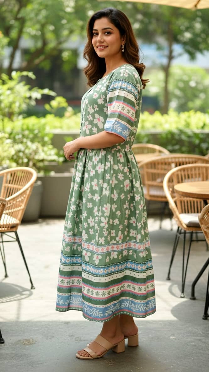 Flavia Creation Women Cotton A-line Dress ( Green )