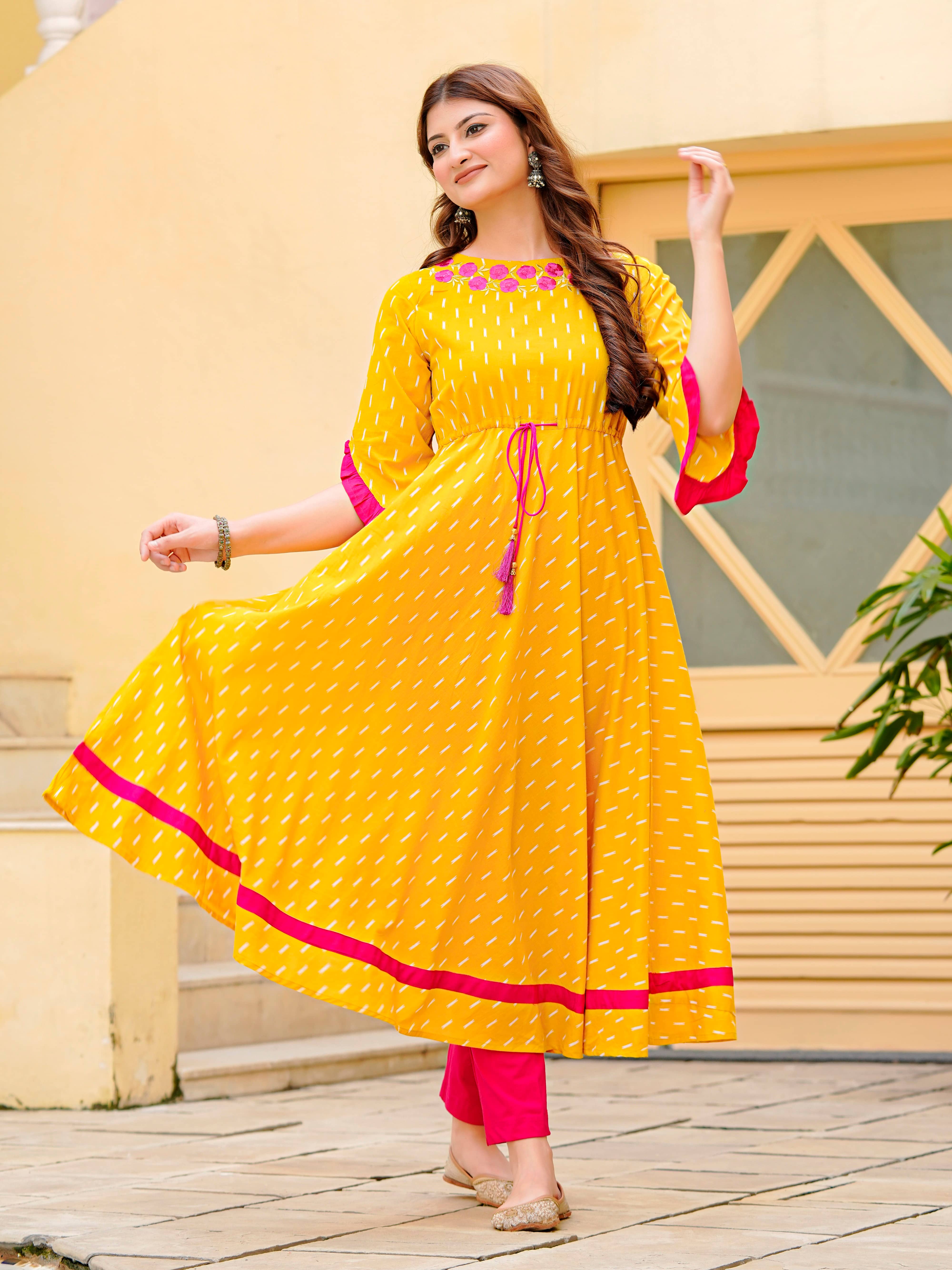 Yash Gallery Women Cotton Printed A-line Dress ( Yellow )