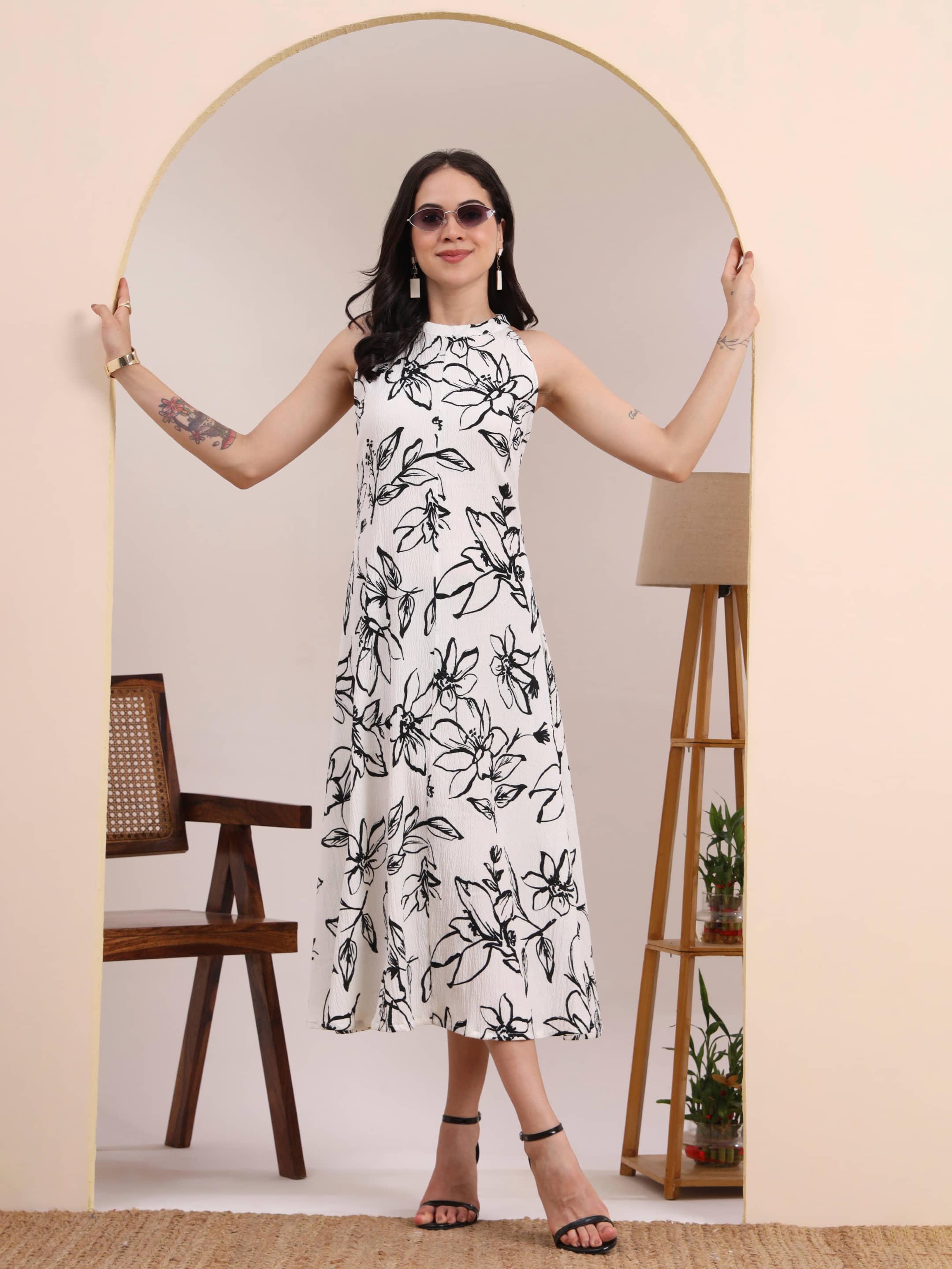 Yash Gallery Women Cotton Printed A-line Dress ( White )
