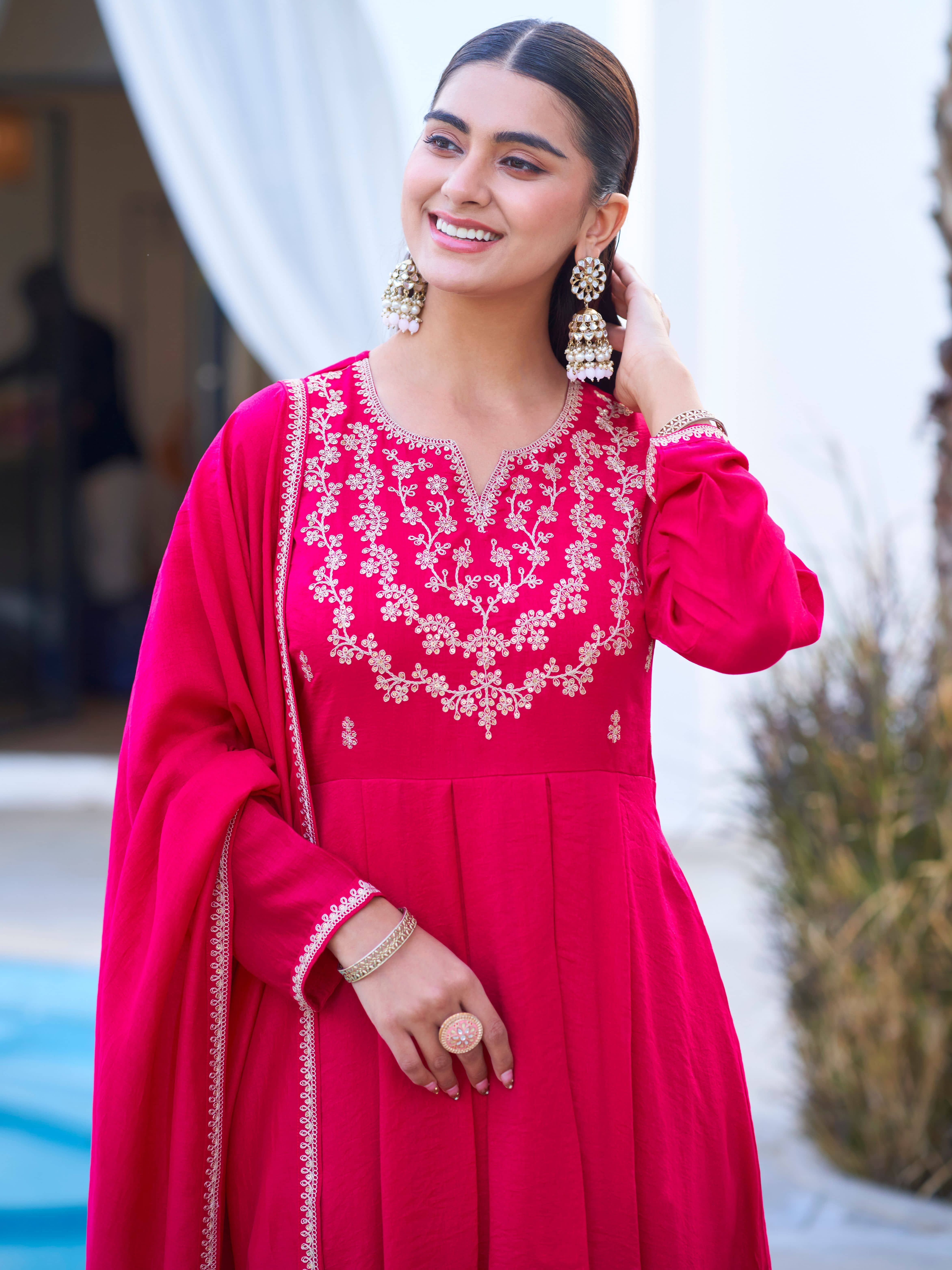 Royal Export Women Silk Blend Embroidered Anarkali Kurti With Pants ( Magenta )