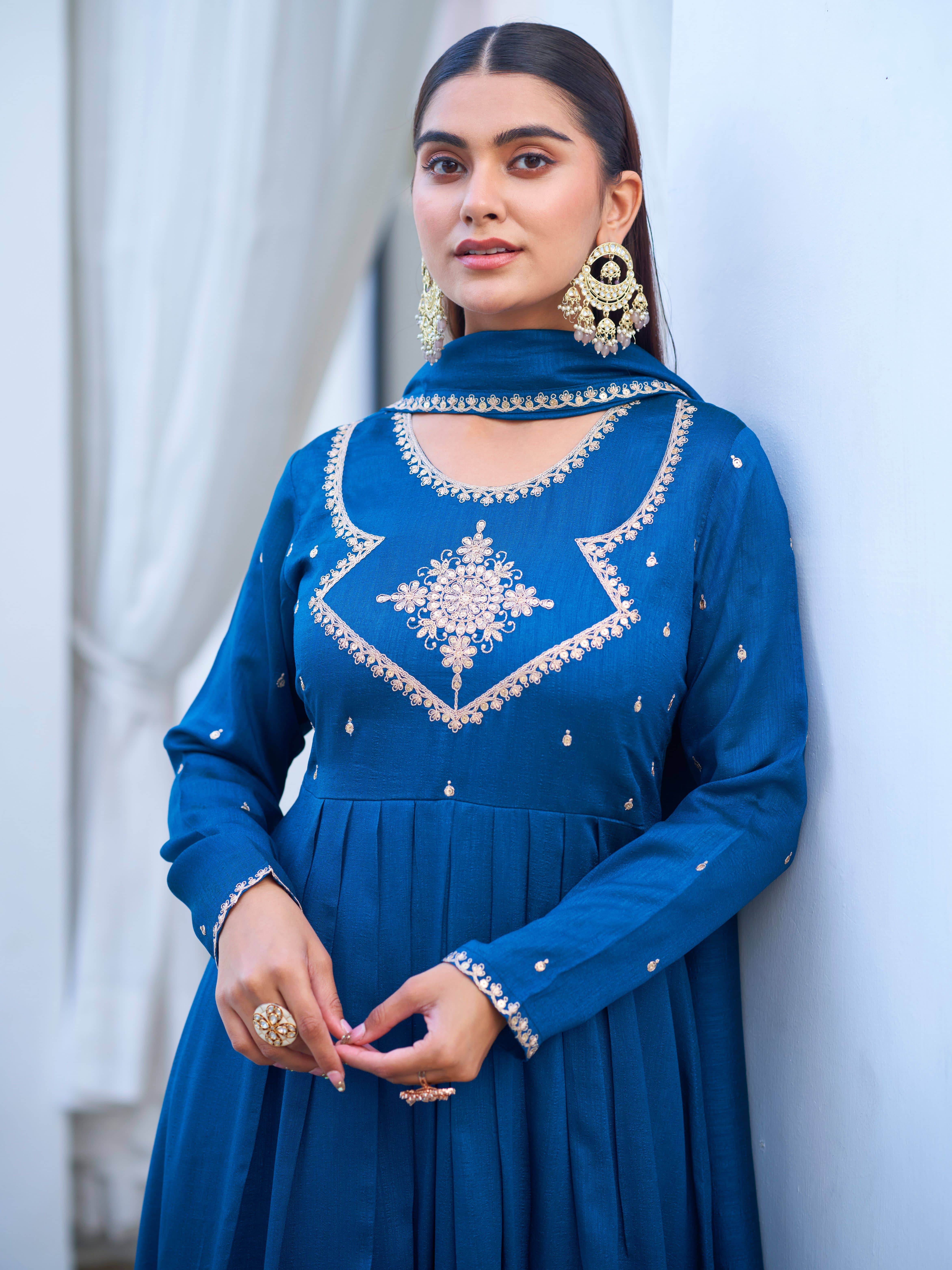 Royal Export Women Silk Blend Embroidered Anarkali Kurti With Pants ( Teal )