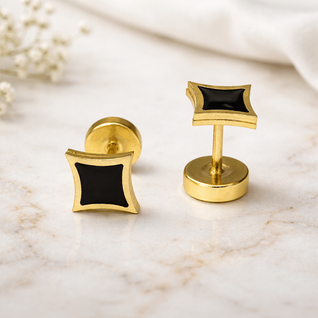 Gold Plated Black Square Stud Earrings for Men & Women | Stylish Geometric Stainless Steel Ear Stud | Trendy Minimalist Fashion Jewelry | Casual & Party Wear - Earrings | Buy online on ZillyBuy