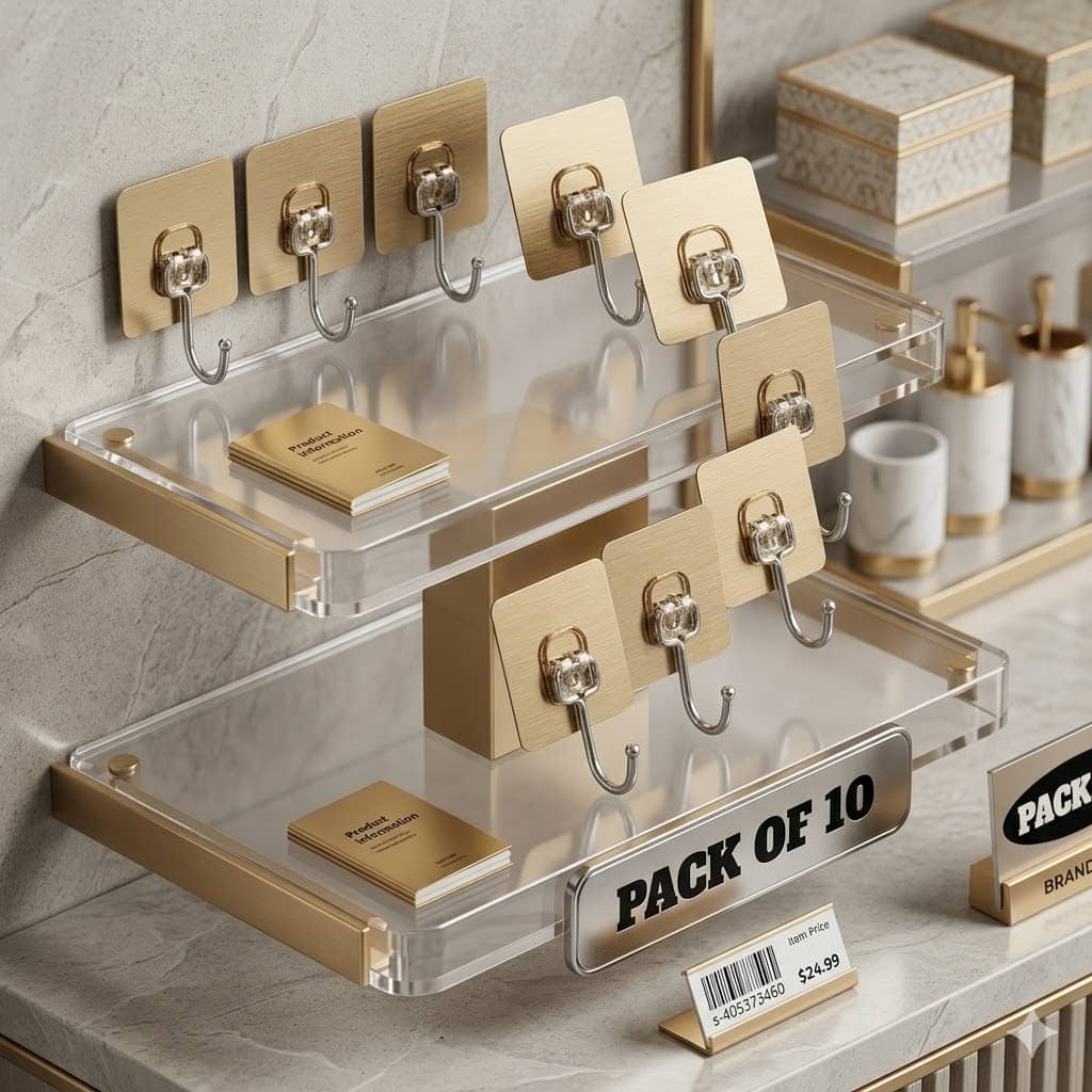 Golden Hook 10 Pack Large Heavy Duty Stainless Steel Adhesive Hooks – Waterproof, Strong, Damage-Free Wall Hooks for Towels, Coats & Accessories – Kitchen, Bathroom, Home & Office Organization