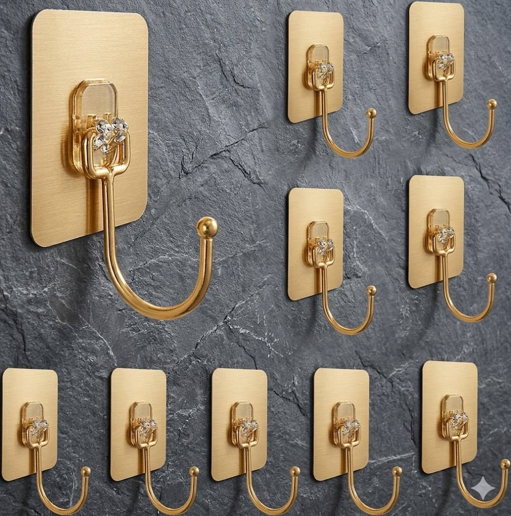 Golden Hook 10 Pack Large Heavy Duty Stainless Steel Adhesive Hooks – Waterproof, Strong, Damage-Free Wall Hooks for Towels, Coats & Accessories – Kitchen, Bathroom, Home & Office Organization