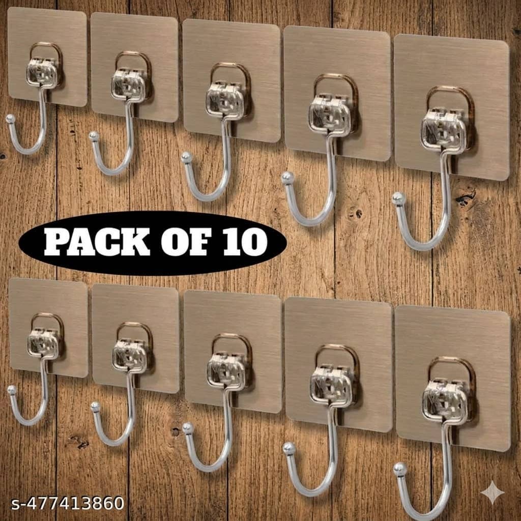 Golden Hook 10 Pack Large Heavy Duty Stainless Steel Adhesive Hooks – Waterproof, Strong, Damage-Free Wall Hooks for Towels, Coats & Accessories – Kitchen, Bathroom, Home & Office Organization
