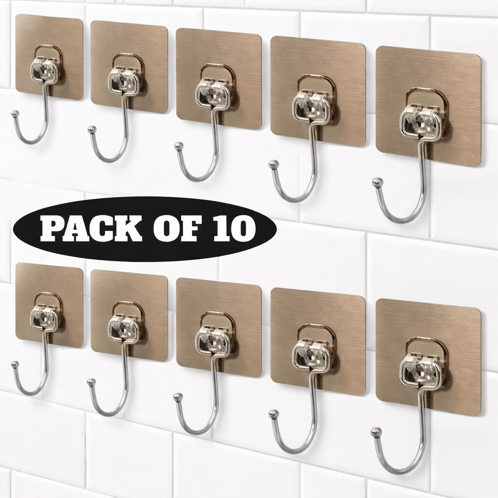 Golden Hook 10 Pack Large Heavy Duty Stainless Steel Adhesive Hooks – Waterproof, Strong, Damage-Free Wall Hooks for Towels, Coats & Accessories – Kitchen, Bathroom, Home & Office Organization