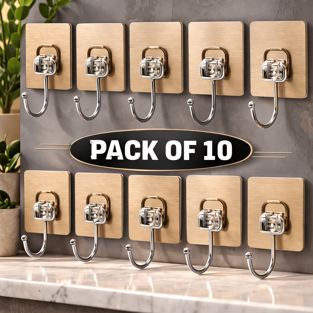 Golden Hook 10 Pack Large Heavy Duty Stainless Steel Adhesive Hooks – Waterproof, Strong, Damage-Free Wall Hooks for Towels, Coats & Accessories – Kitchen, Bathroom, Home & Office Organization