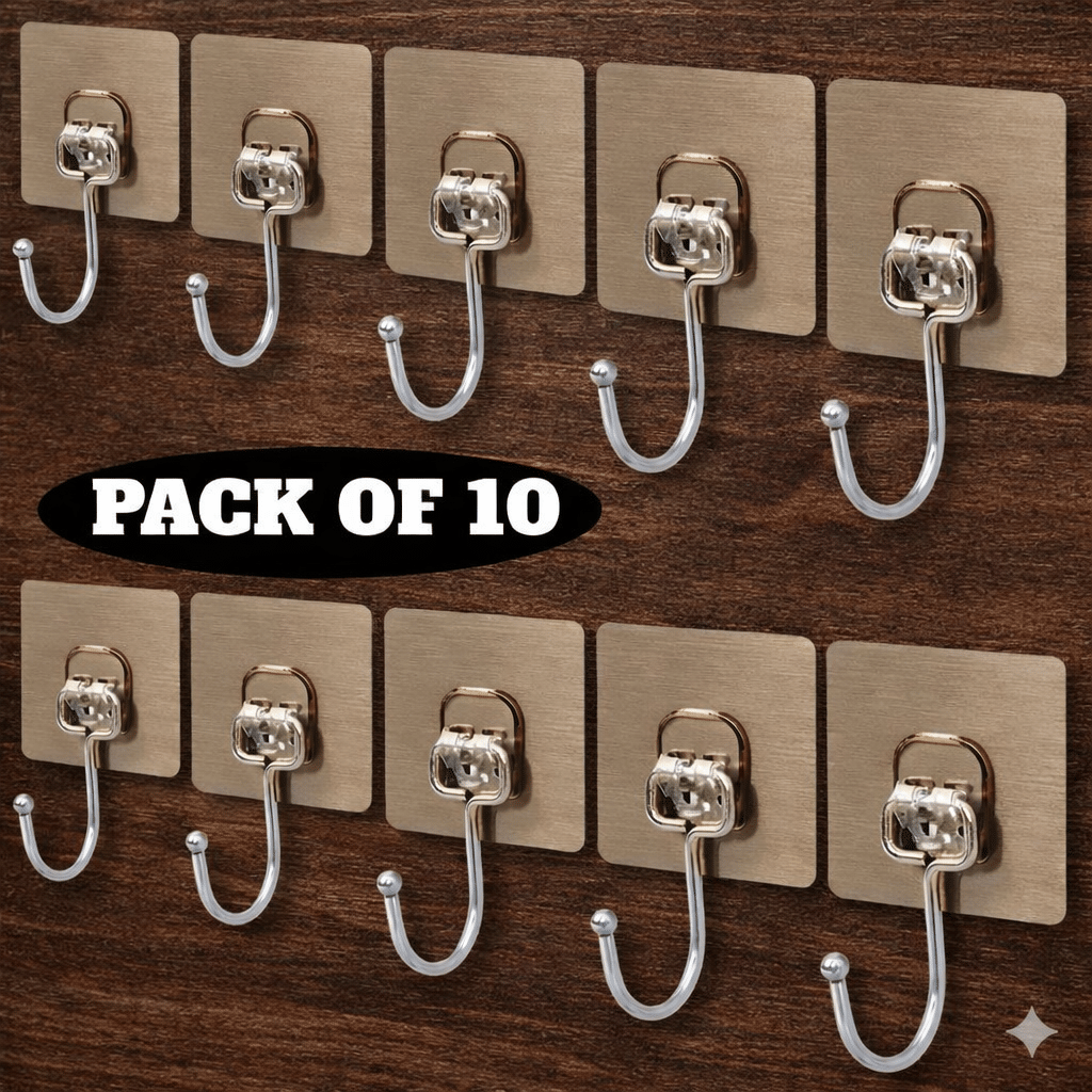 Golden Hook 10 Pack Large Heavy Duty Stainless Steel Adhesive Hooks – Waterproof, Strong, Damage-Free Wall Hooks for Towels, Coats & Accessories – Kitchen, Bathroom, Home & Office Organization