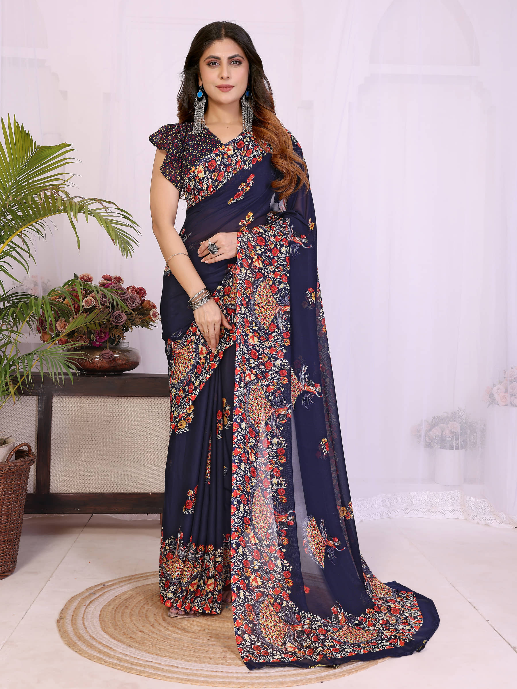 TTH Georgette Printed Regular Saree With Unstitched Blouse Piece ( Navy Blue ) - Sarees | Buy online on ZillyBuy