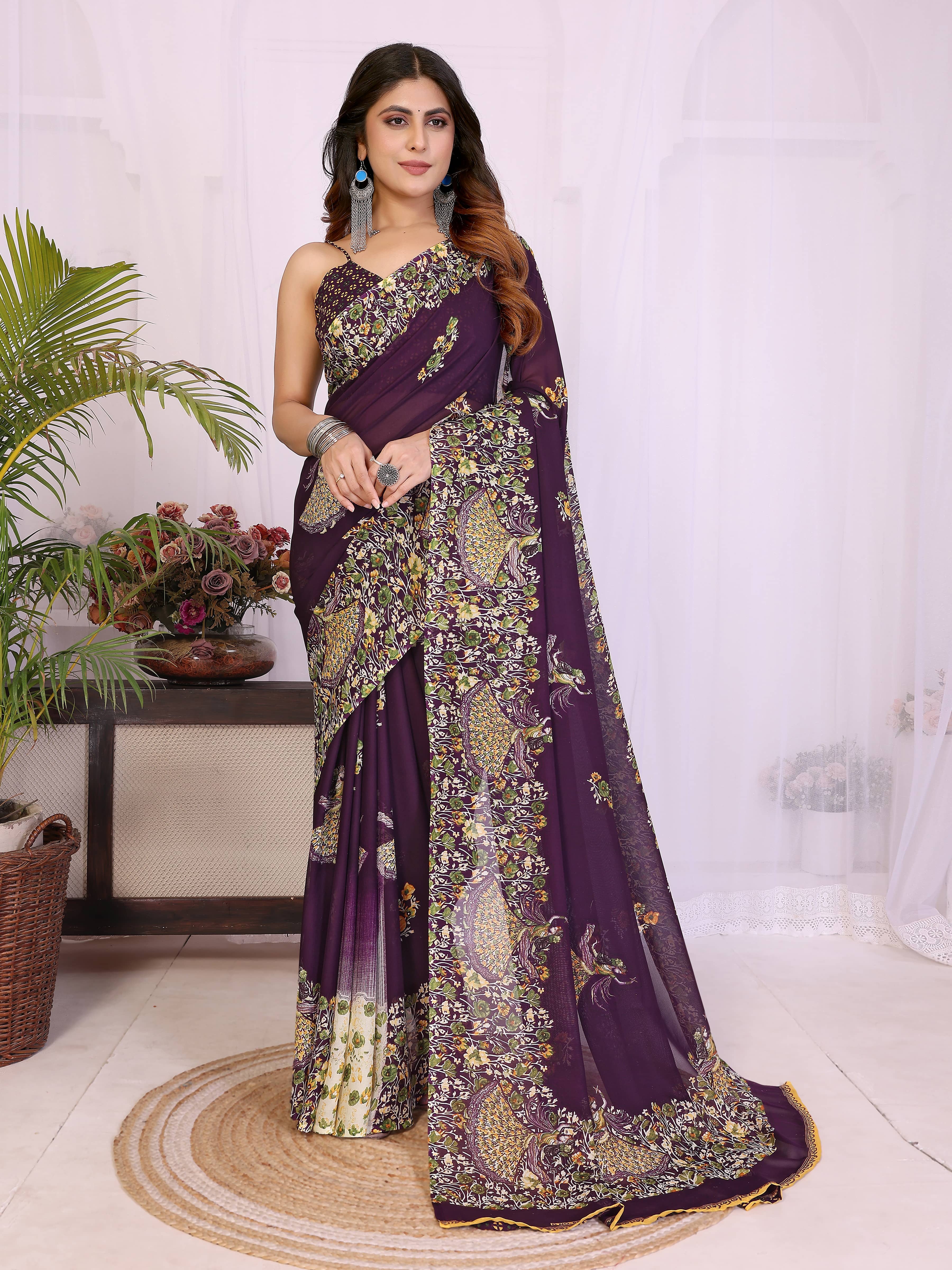 TTH Georgette Printed Regular Saree With Unstitched Blouse Piece ( Purple ) - Sarees | Buy online on ZillyBuy