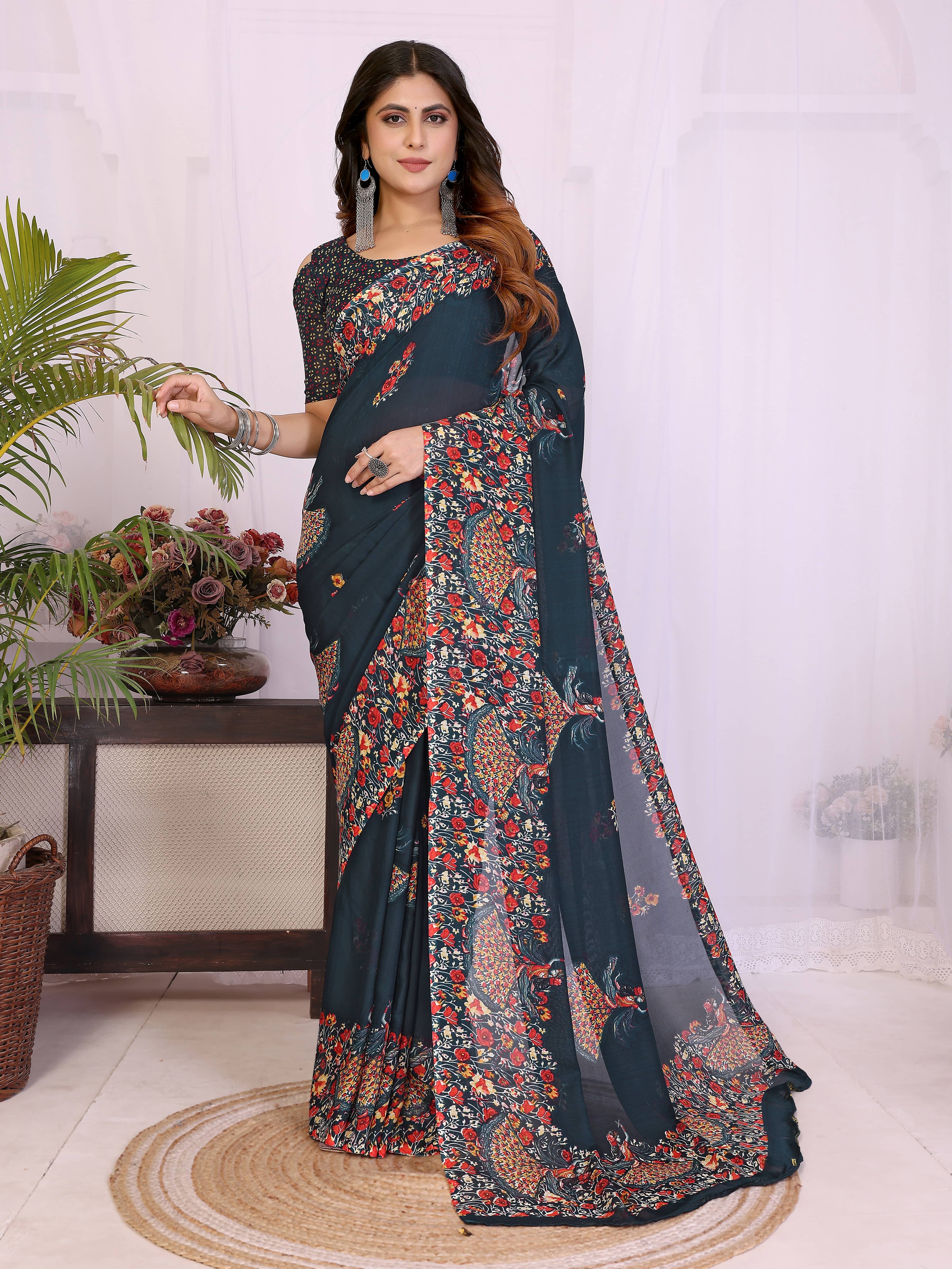 TTH Georgette Printed Regular Saree With Unstitched Blouse Piece ( Teal ) - Sarees | Buy online on ZillyBuy